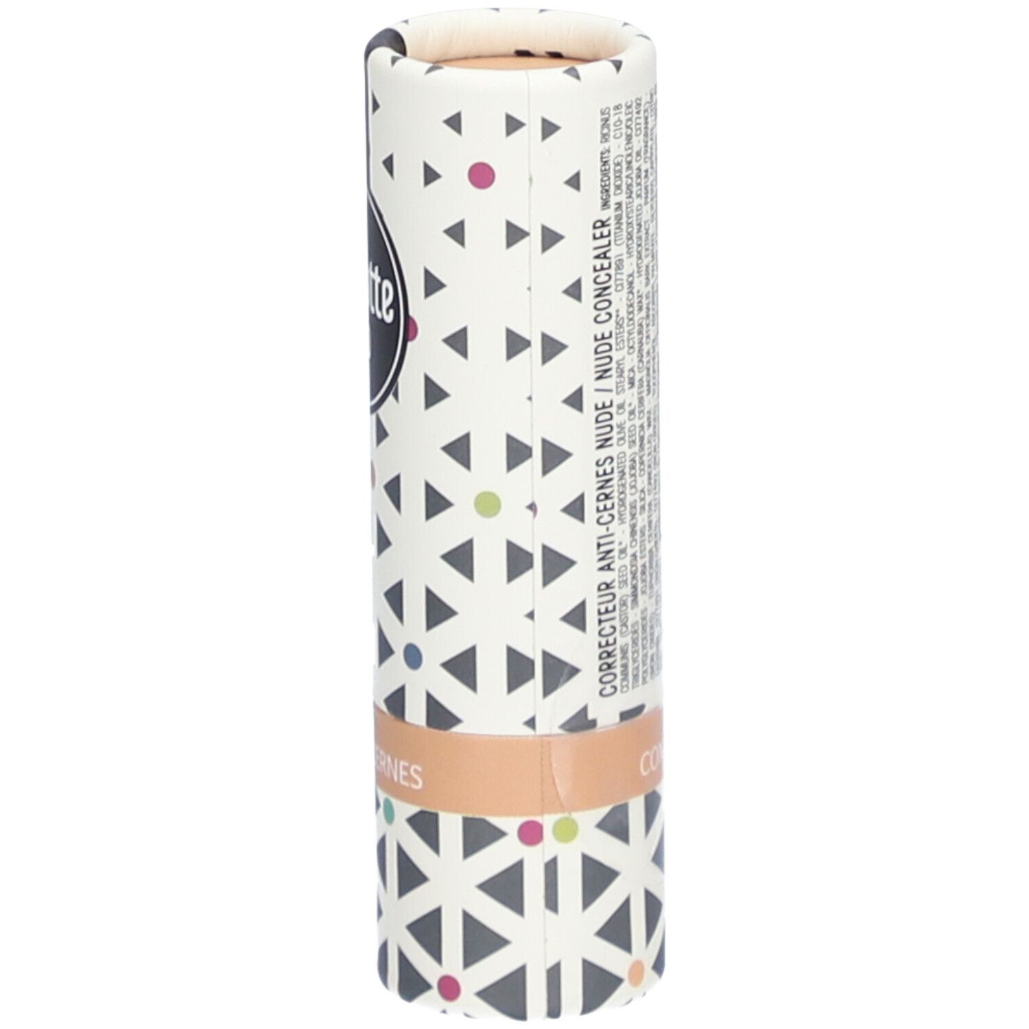 Zylindrische Verpackung mit Charlotte Bio Logo und Produktinformationen. 'ANTI-CERNES NUDE CONCEALER'.