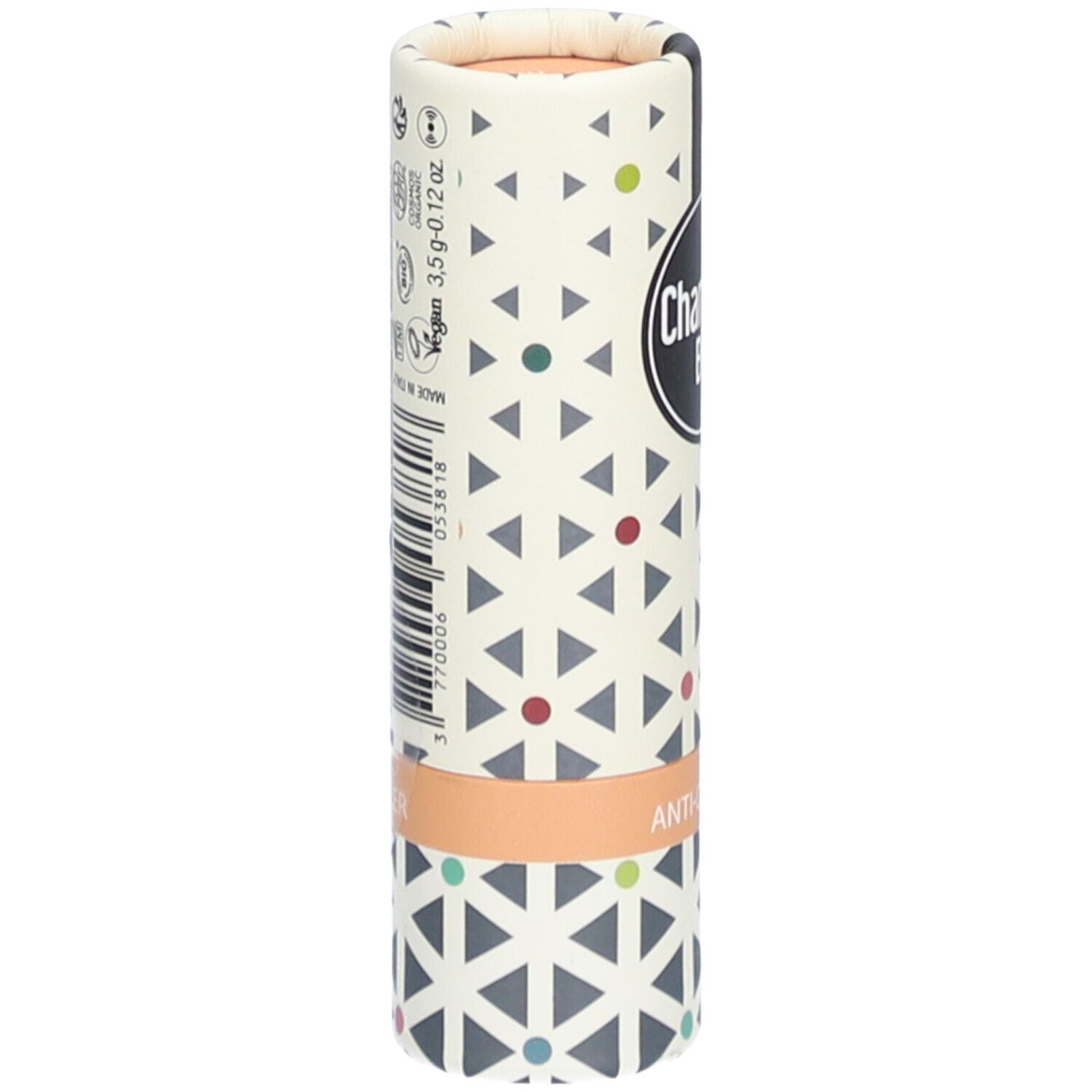 Emballage cylindrique avec motif géométrique. Logo Charlotte Bio. Label Vegan. Code-barres. Inscription ANTI-CERNES.
