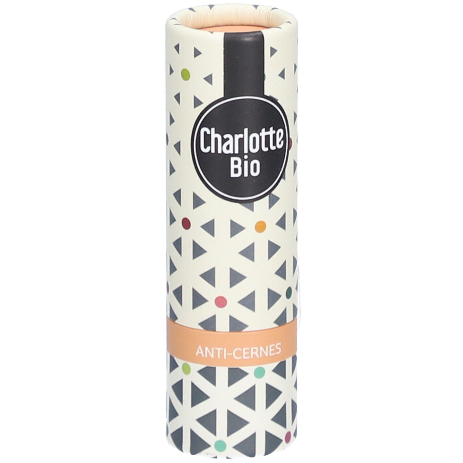 Emballage cylindrique avec motif géométrique. Logo Charlotte Bio. Inscription ANTI-CERNES sur bande beige.