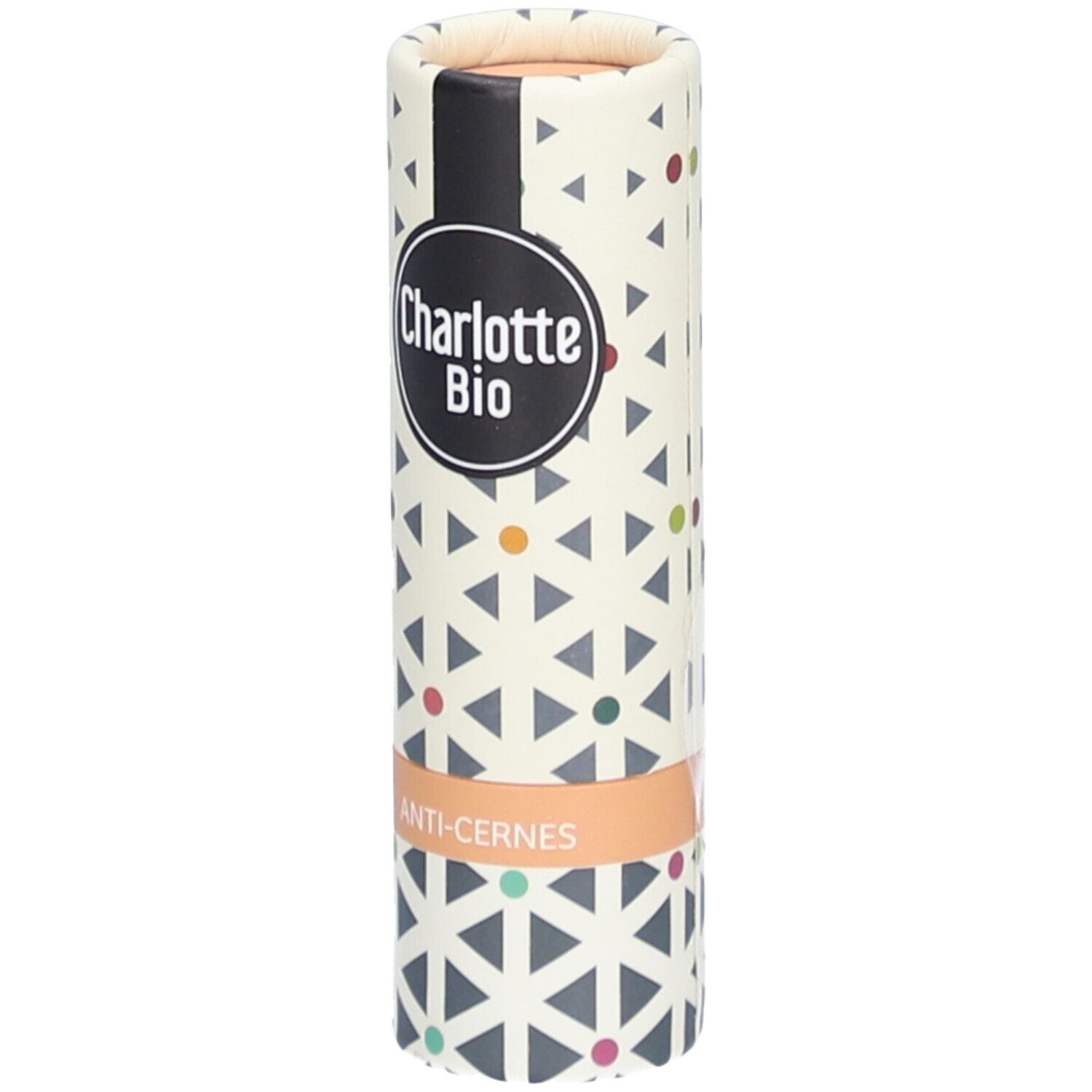 Emballage cylindrique avec motif géométrique. Logo Charlotte Bio. Inscription ANTI-CERNES sur bande beige.