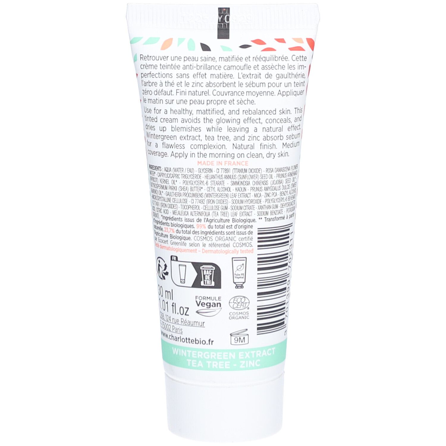 Rückseite der Tube Charlotte Bio BB Cream. Text, Inhaltsstoffe, Logos, 30ml.