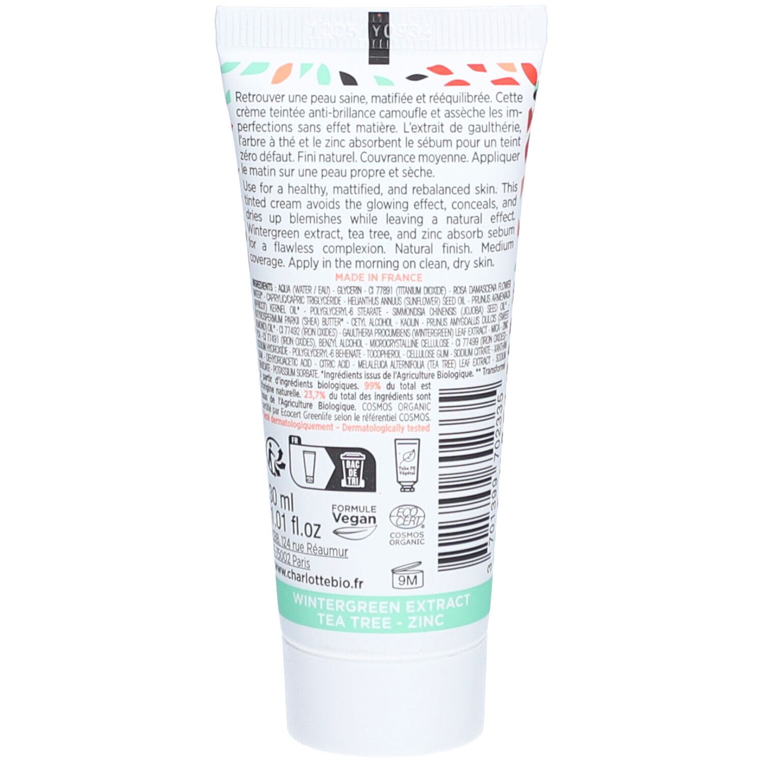 Rückseite der Tube. Text, Inhaltsstoffe, Vegan-Logo, Bio-Siegel. Aufschrift: Extrait de Gaulthérie, Arbre à Thé, Zinc.