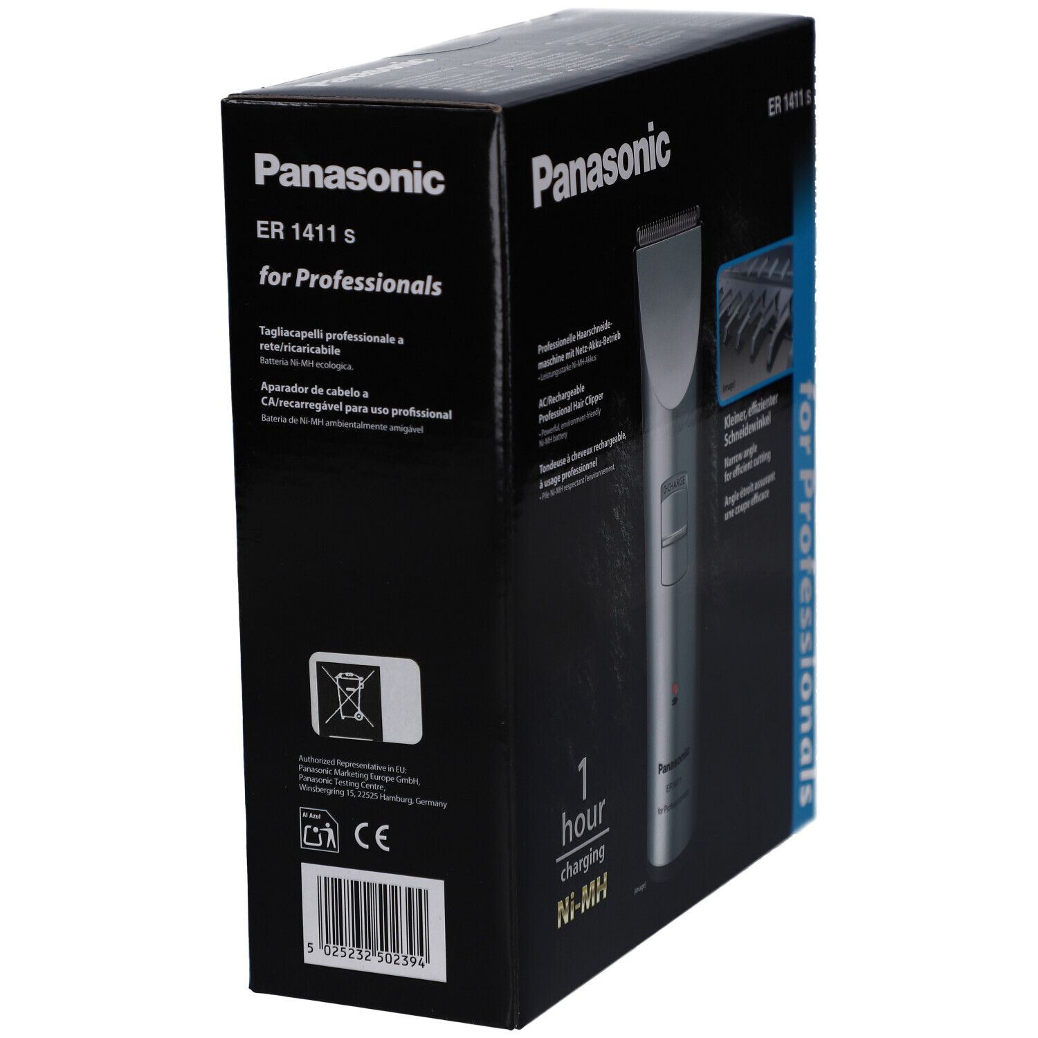 Schwarzer Karton. Panasonic ER 1411 S. Rückseite mit Produktabbildung. CE-Kennzeichnung. Barcode. Entsorgungshinweis.