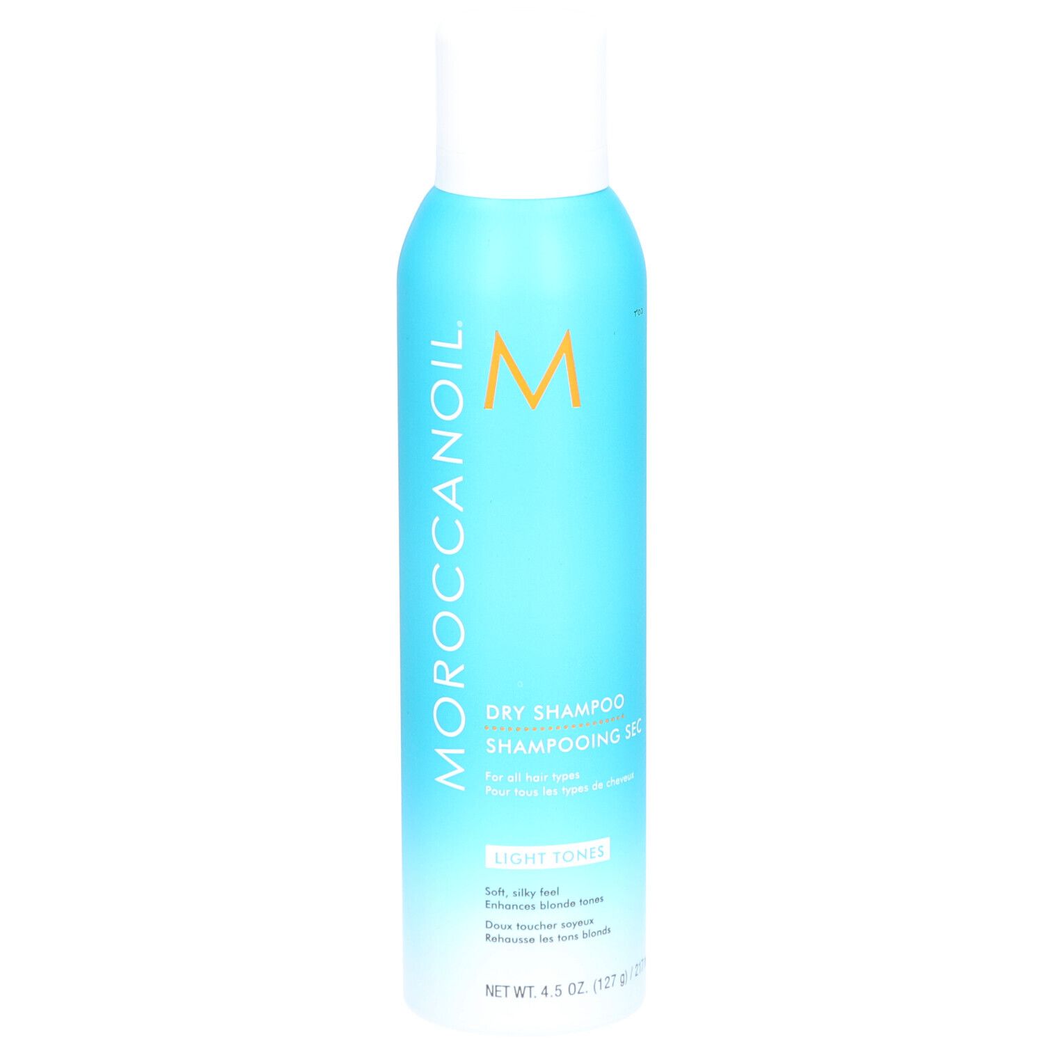 Moroccanoil Trockenshampoo für helles Haar. Türkis-farbene Sprühflasche mit weißem Deckel. Enthält 127g.