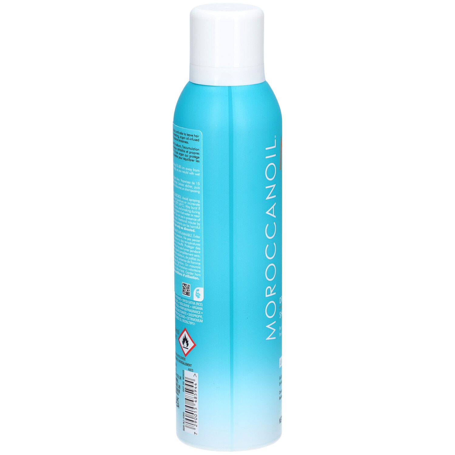 Moroccanoil Trockenshampoo-Flasche, Rückansicht. Türkis, weißer Deckel. Text auf der Rückseite. Enthält 127g.