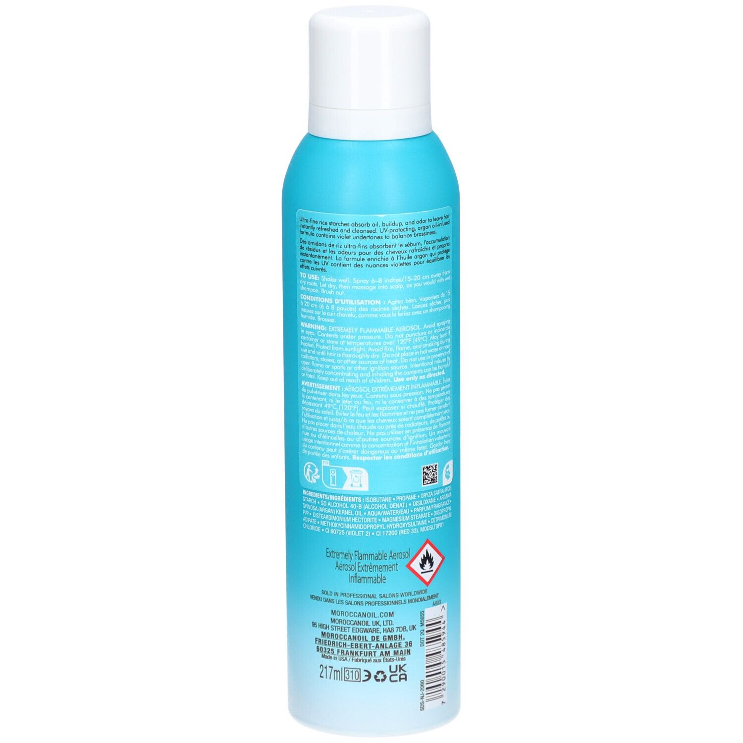 Rückansicht der Moroccanoil Trockenshampoo-Flasche. Türkis, weißer Deckel. Text und Symbole. Enthält 127g.