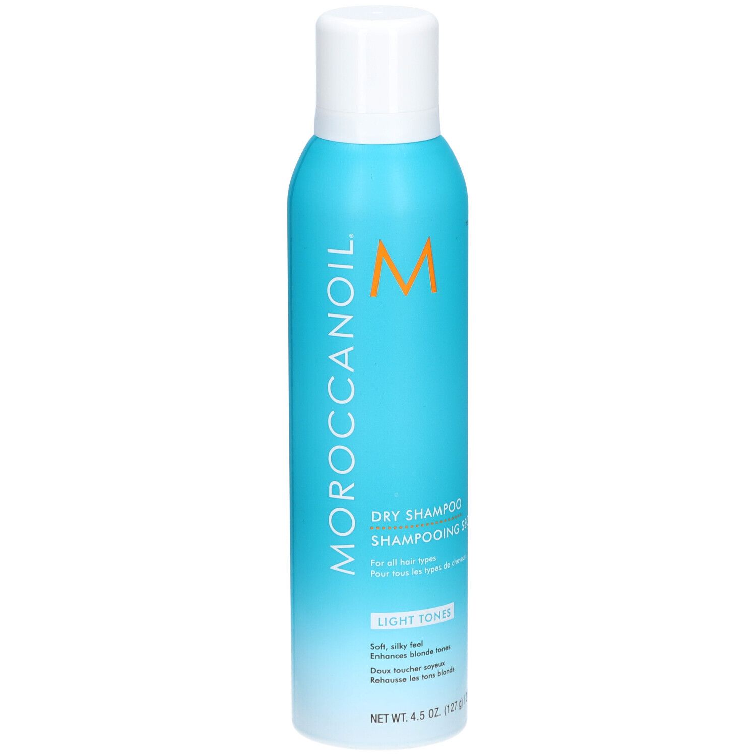 Moroccanoil Trockenshampoo für helles Haar. Türkis-farbene Sprühflasche mit weißem Deckel. Enthält 127g.