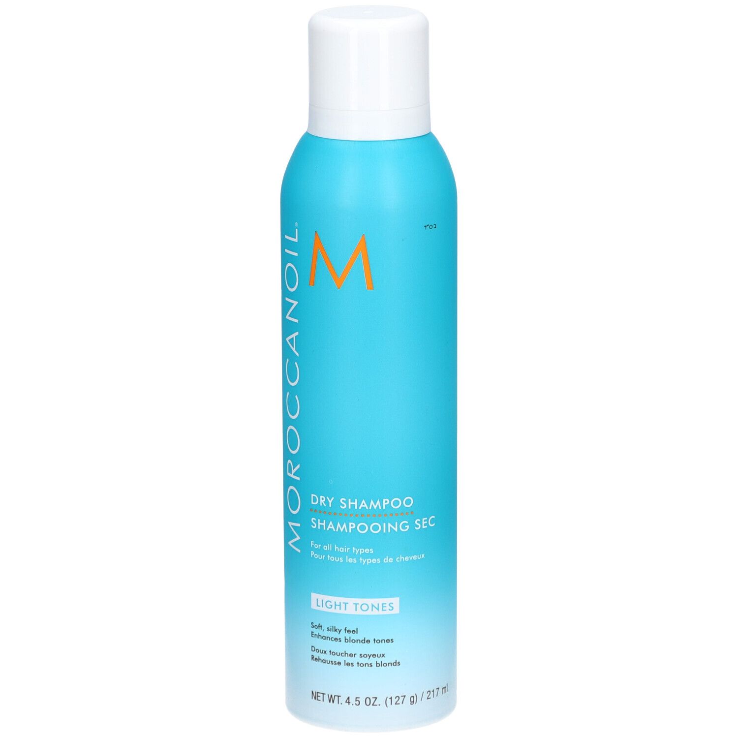 Moroccanoil Trockenshampoo für helles Haar. Türkis-farbene Sprühflasche mit weißem Deckel. Enthält 127g.