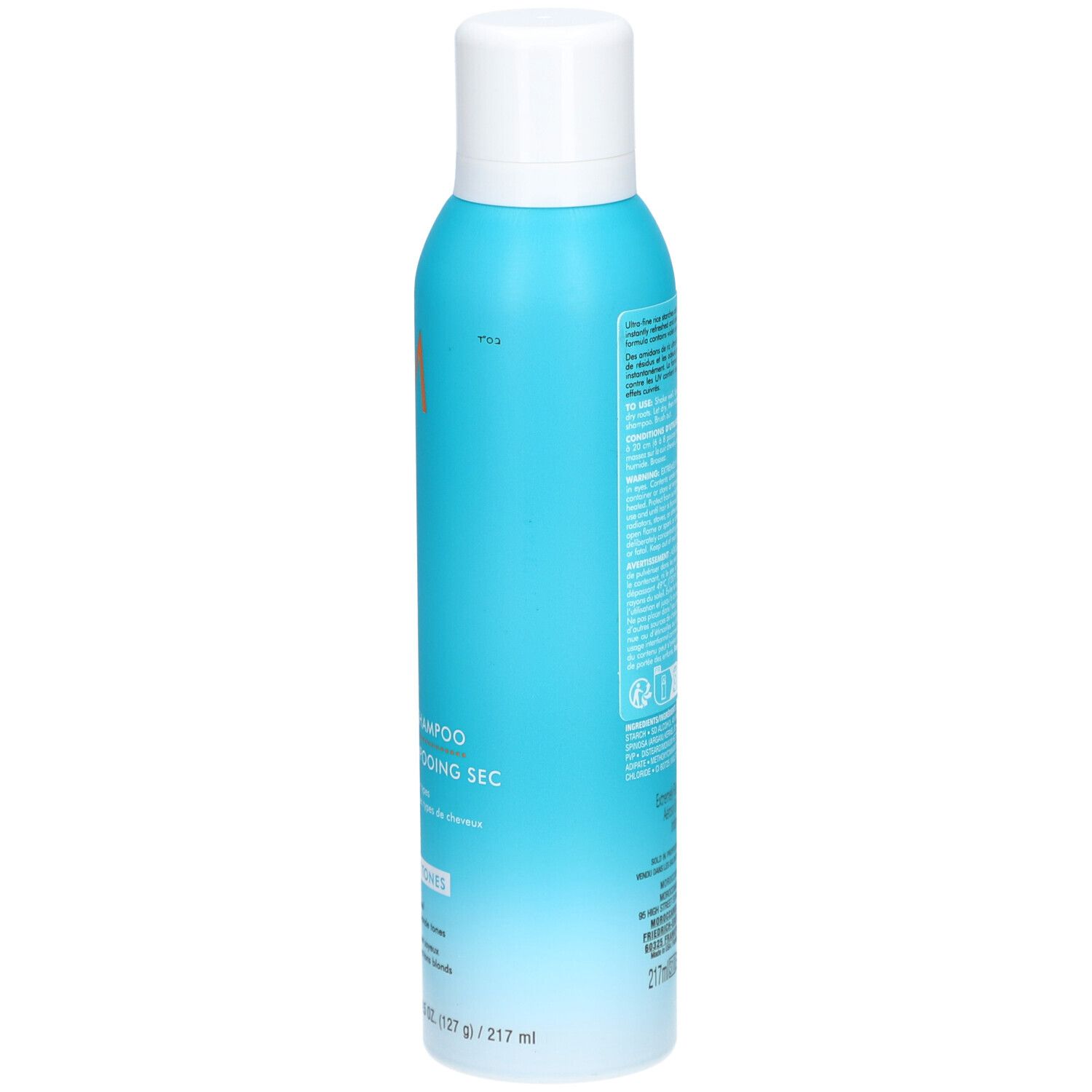 Moroccanoil Trockenshampoo-Flasche, Seitenansicht. Türkis, weißer Deckel. Text auf der Seite. Enthält 127g.