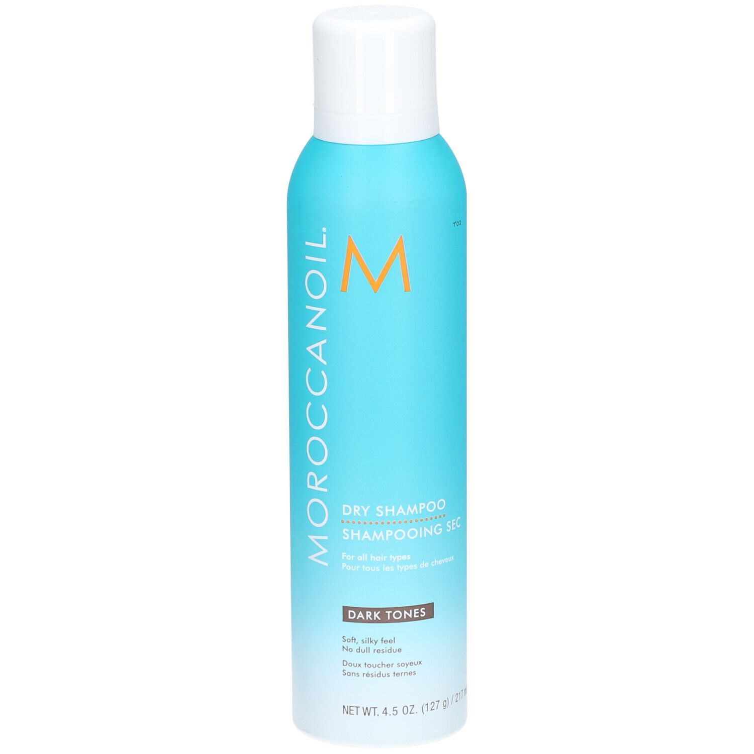Türkisblaue Sprühflasche mit weißem Deckel. Aufschrift: Moroccanoil, Dry Shampoo, Dark Tones. Inhalt: 4.5 oz (127 g).