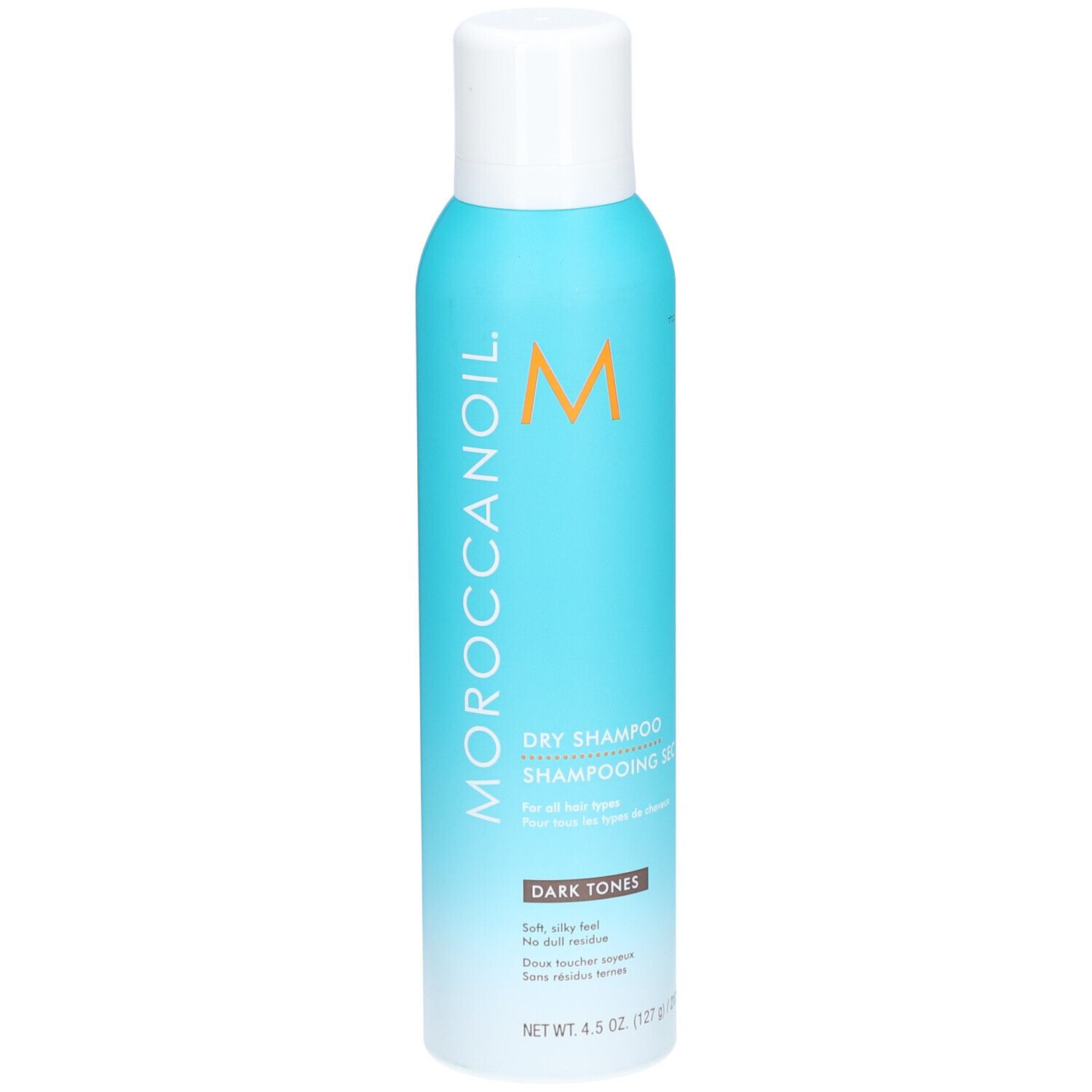 Türkisblaue Sprühflasche mit weißem Deckel. Aufschrift: Moroccanoil, Dry Shampoo, Dark Tones. Inhalt: 4.5 oz (127 g).