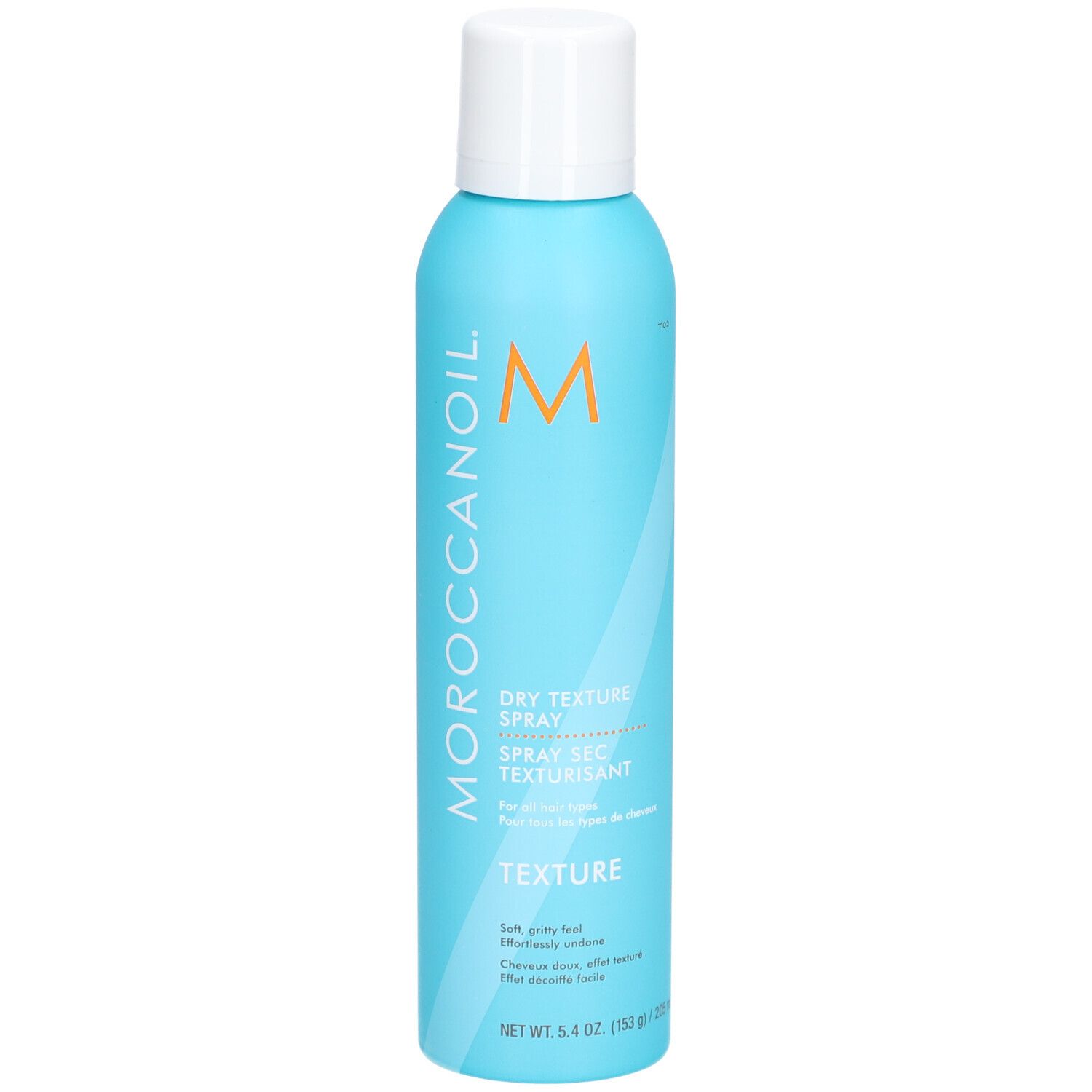 Türkisblaue Sprühflasche mit weißem Deckel. Aufschrift: Moroccanoil, Dry Texture Spray, Textur. Orangefarbenes Logo.