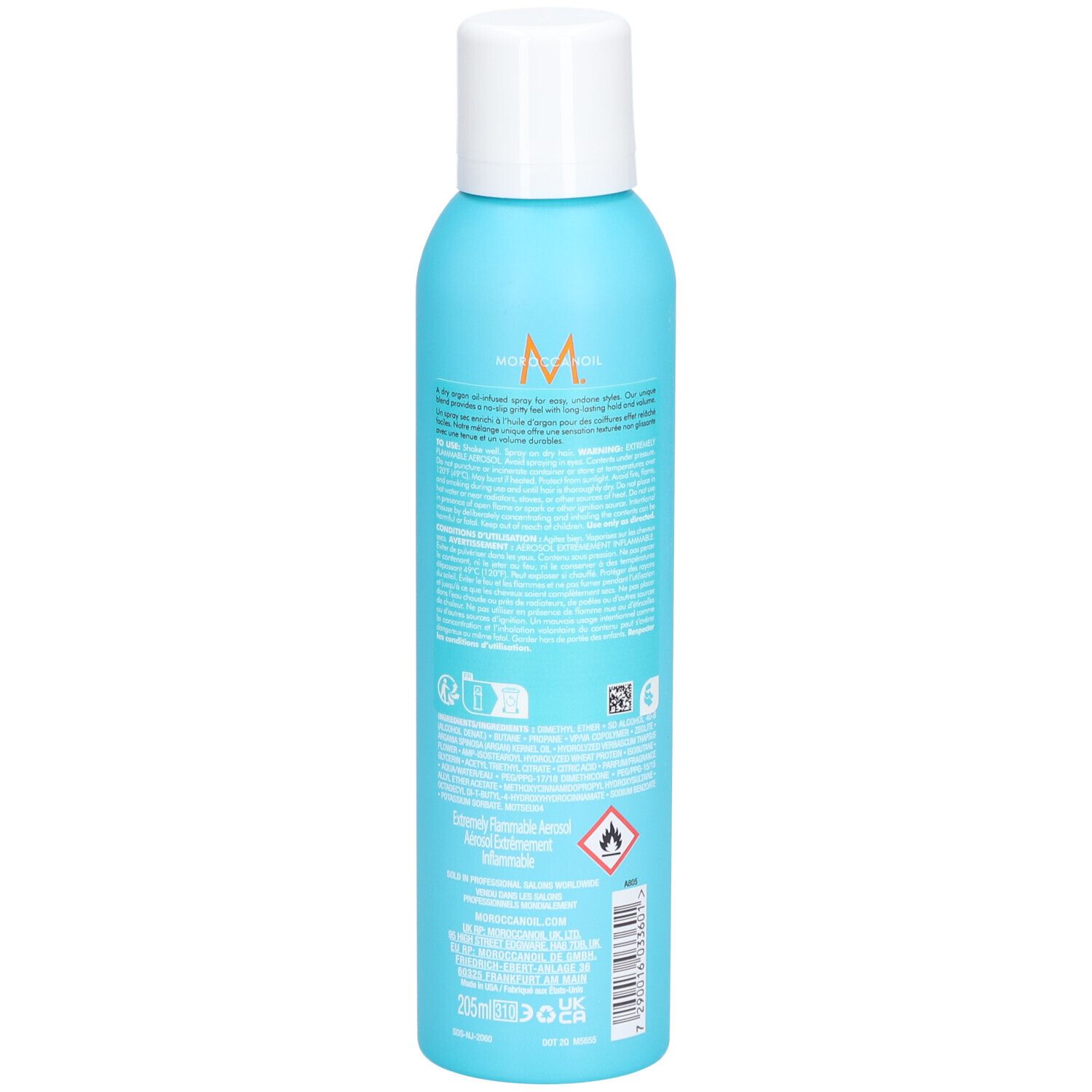 Rückseite einer türkisfarbenen Sprühflasche mit weißem Deckel. Text und Symbole. Moroccanoil-Schriftzug vertikal.