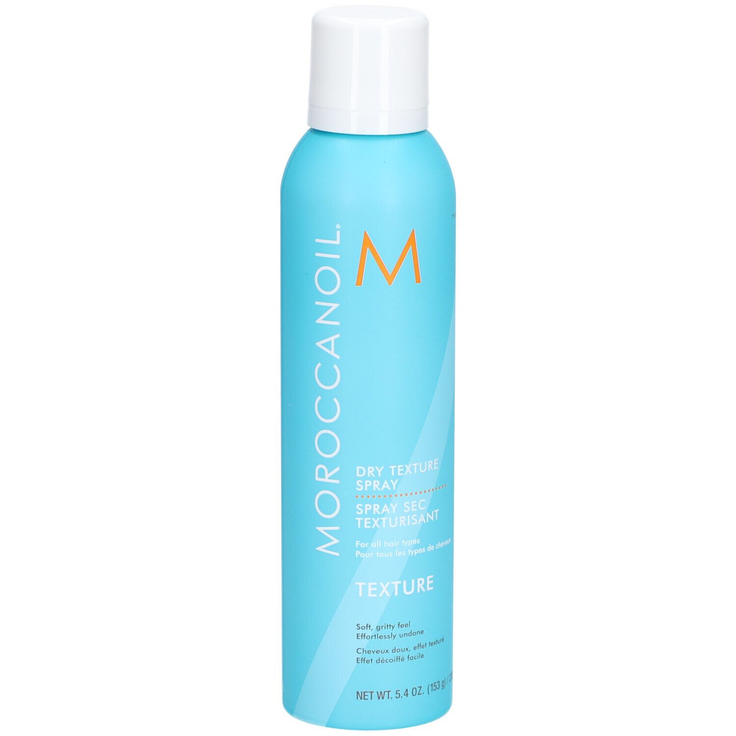 Türkisblaue Sprühflasche mit weißem Deckel. Aufschrift: Moroccanoil, Dry Texture Spray, Textur. Orangefarbenes Logo.