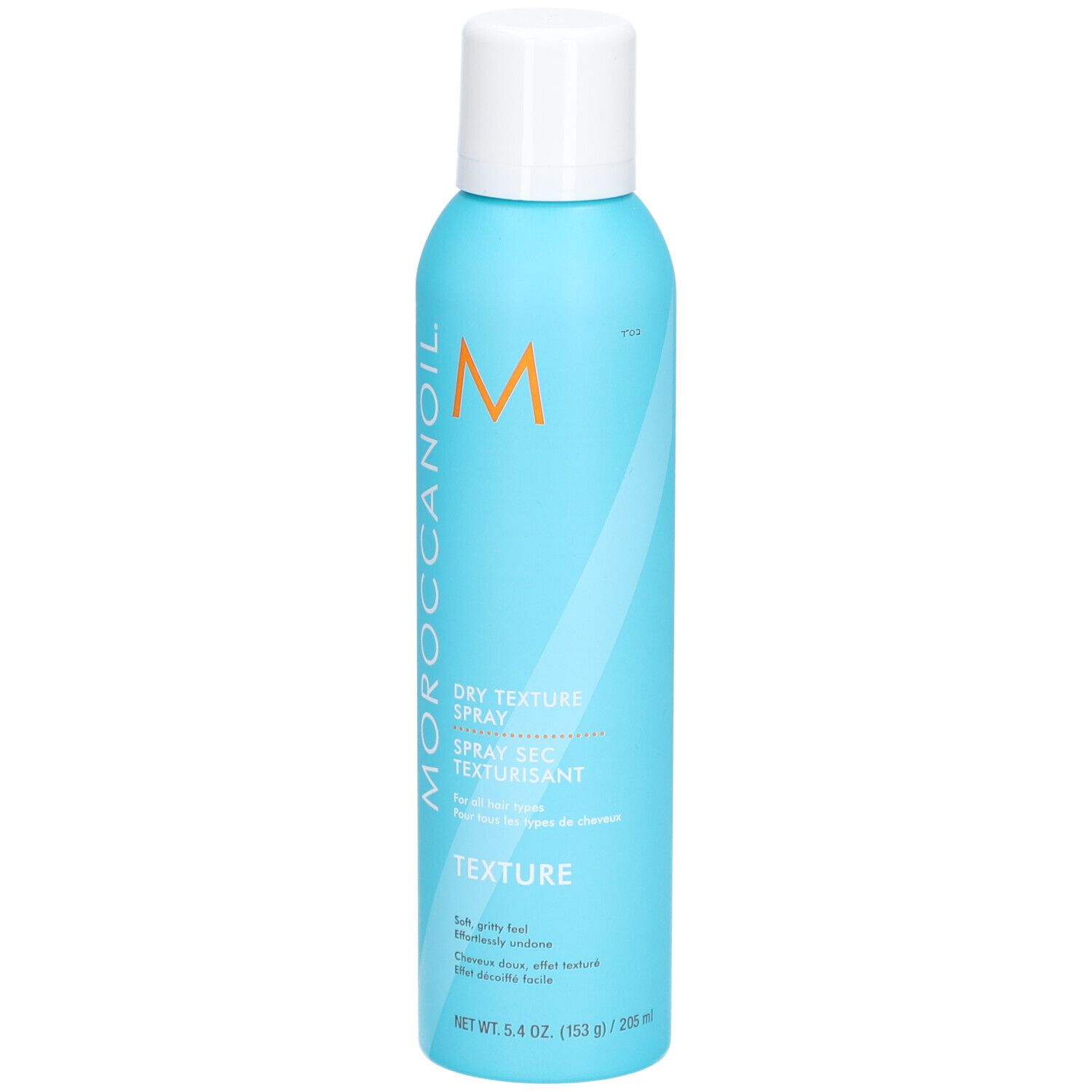 Türkisblaue Sprühflasche mit weißem Deckel. Aufschrift: Moroccanoil, Dry Texture Spray, Textur. Orangefarbenes Logo.
