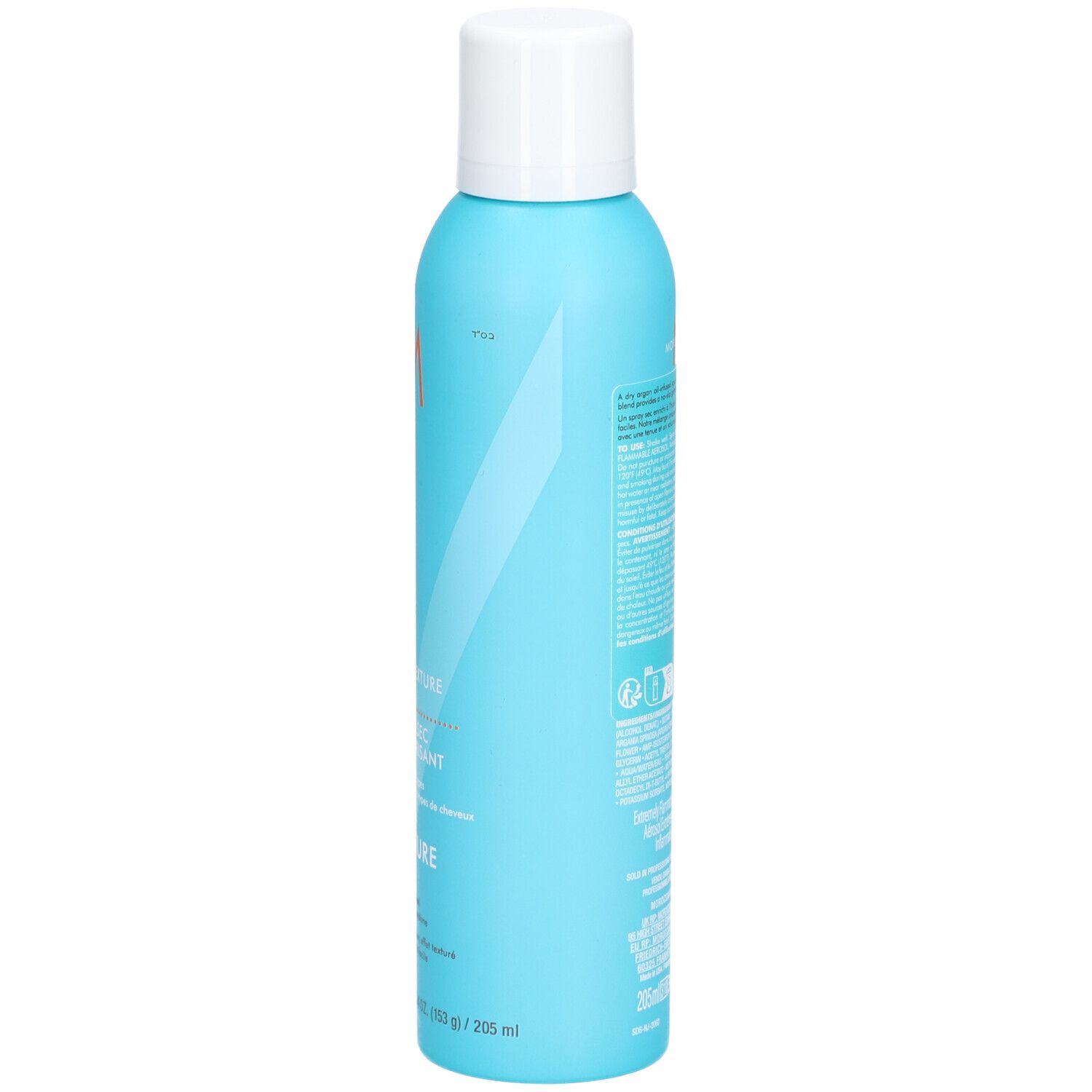 Rückseite einer türkisfarbenen Sprühflasche mit weißem Deckel. Text und Symbole. Moroccanoil-Schriftzug vertikal.