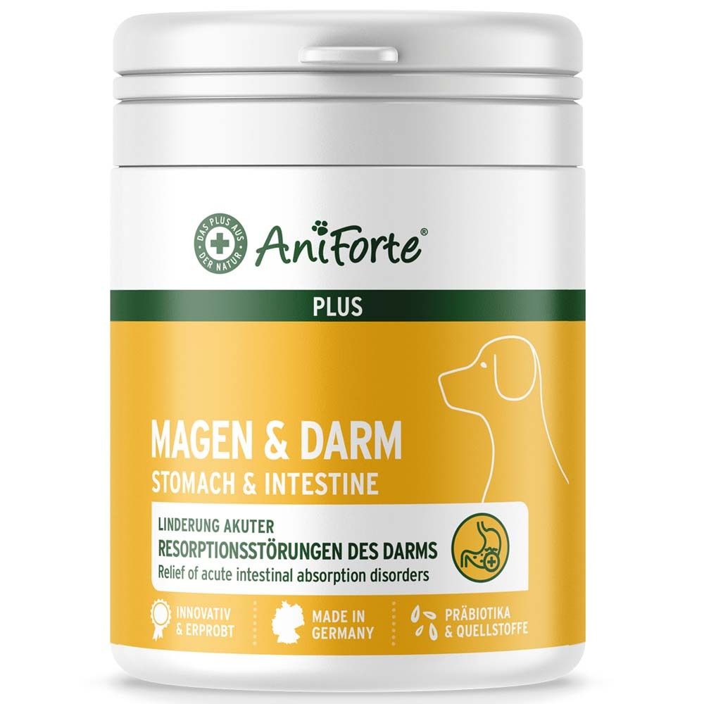 Weiße Dose mit AniForte Plus. Aufschrift: Magen & Darm, Stomach & Intestine. Gelber Aufkleber mit Hund.