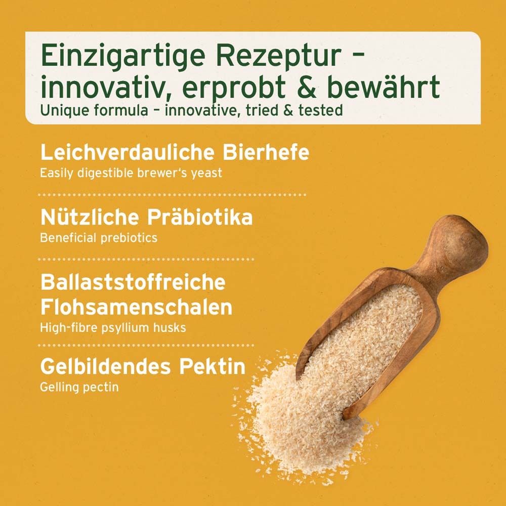 Holzlöffel mit Inhaltsstoffen. Text: Einzigartige Rezeptur. Leichtverdauliche Bierhefe. Nützliche Präbiotika. Flohsamenschalen.
