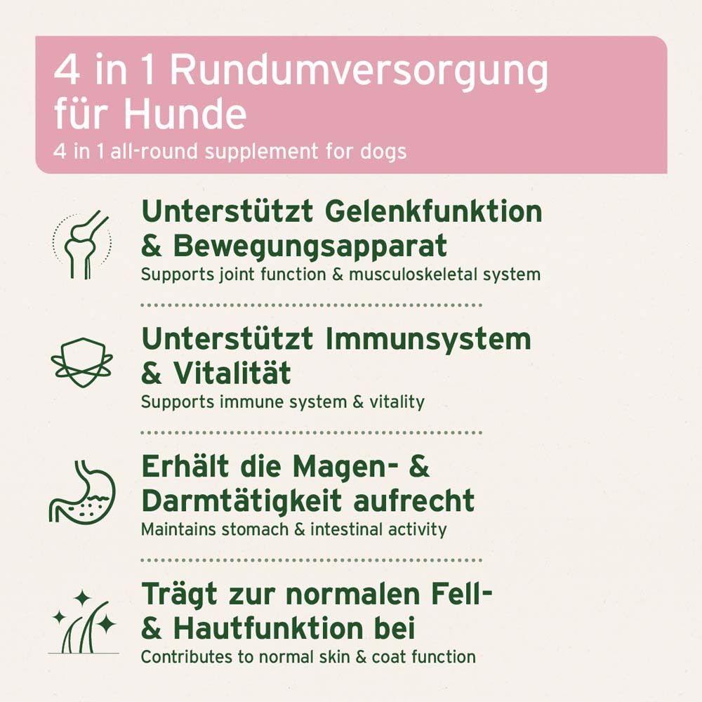 Text auf rosa Hintergrund. Unterstützt Gelenkfunktion, Immunsystem, Darmtätigkeit und Hautfunktion. Illustrationen.