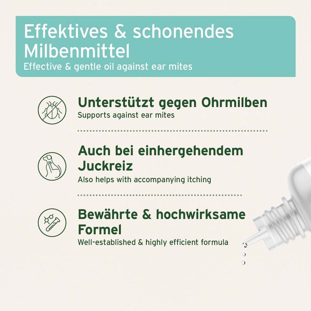 Text-Infografik. Unterstützt gegen Ohrmilben. Auch bei Juckreiz. Bewährte & hochwirksame Formel. Tropfflasche im Hintergrund.