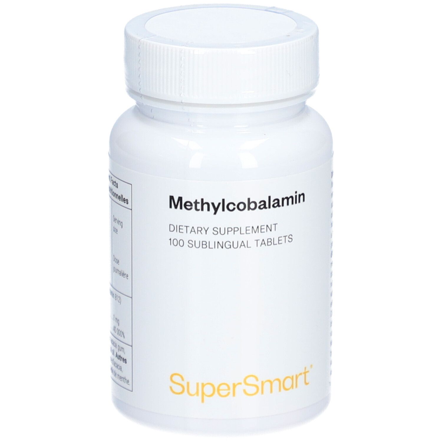 Weiße Flasche mit Schraubverschluss. Aufschrift: Methylcobalamin, Nahrungsergänzungsmittel, 100 sublinguale Tabletten. Logo: SuperSmart.