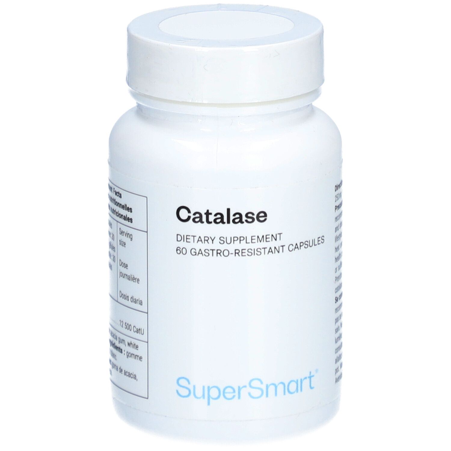 Flacon blanc de gélules de Catalase. Inscription: SuperSmart, Catalase, 60 gélules gastro-résistantes.