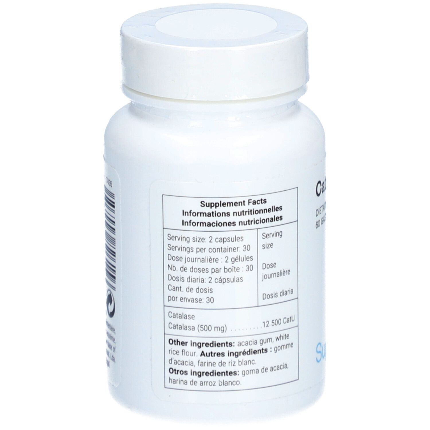 Dos du flacon blanc de gélules de Catalase. Informations nutritionnelles et posologie.
