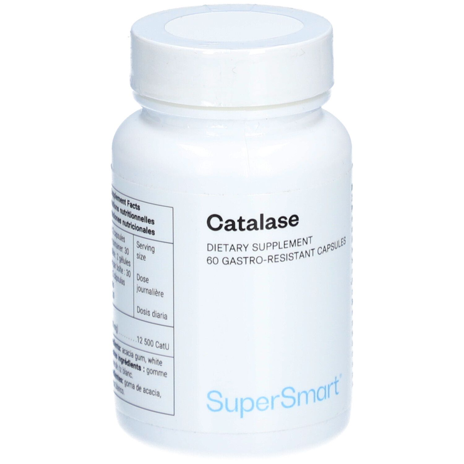 Flacon blanc de gélules de Catalase. Inscription: SuperSmart, Catalase, 60 gélules gastro-résistantes.