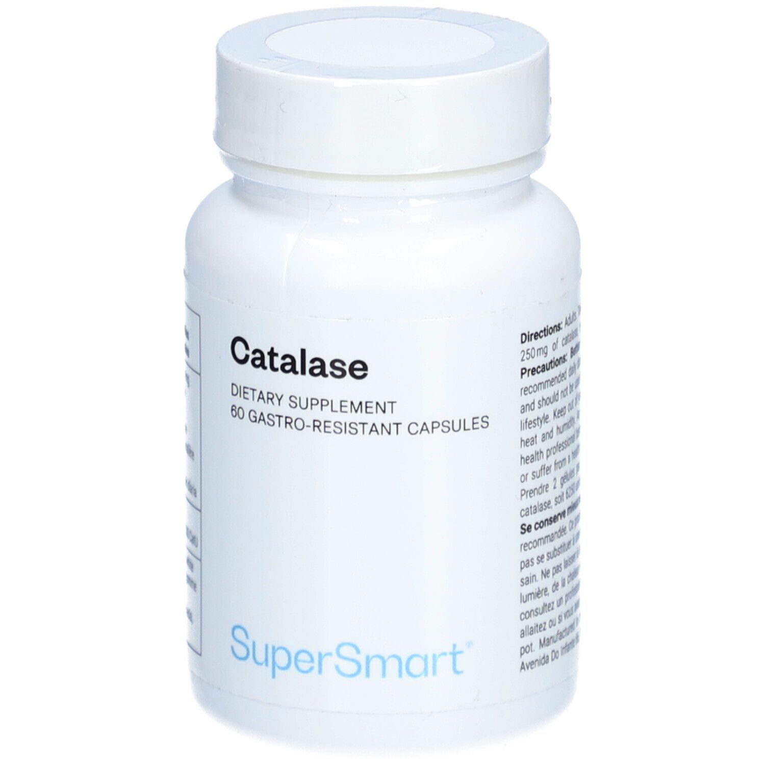 Flacon blanc de gélules de Catalase. Inscription: SuperSmart, Catalase, 60 gélules gastro-résistantes.