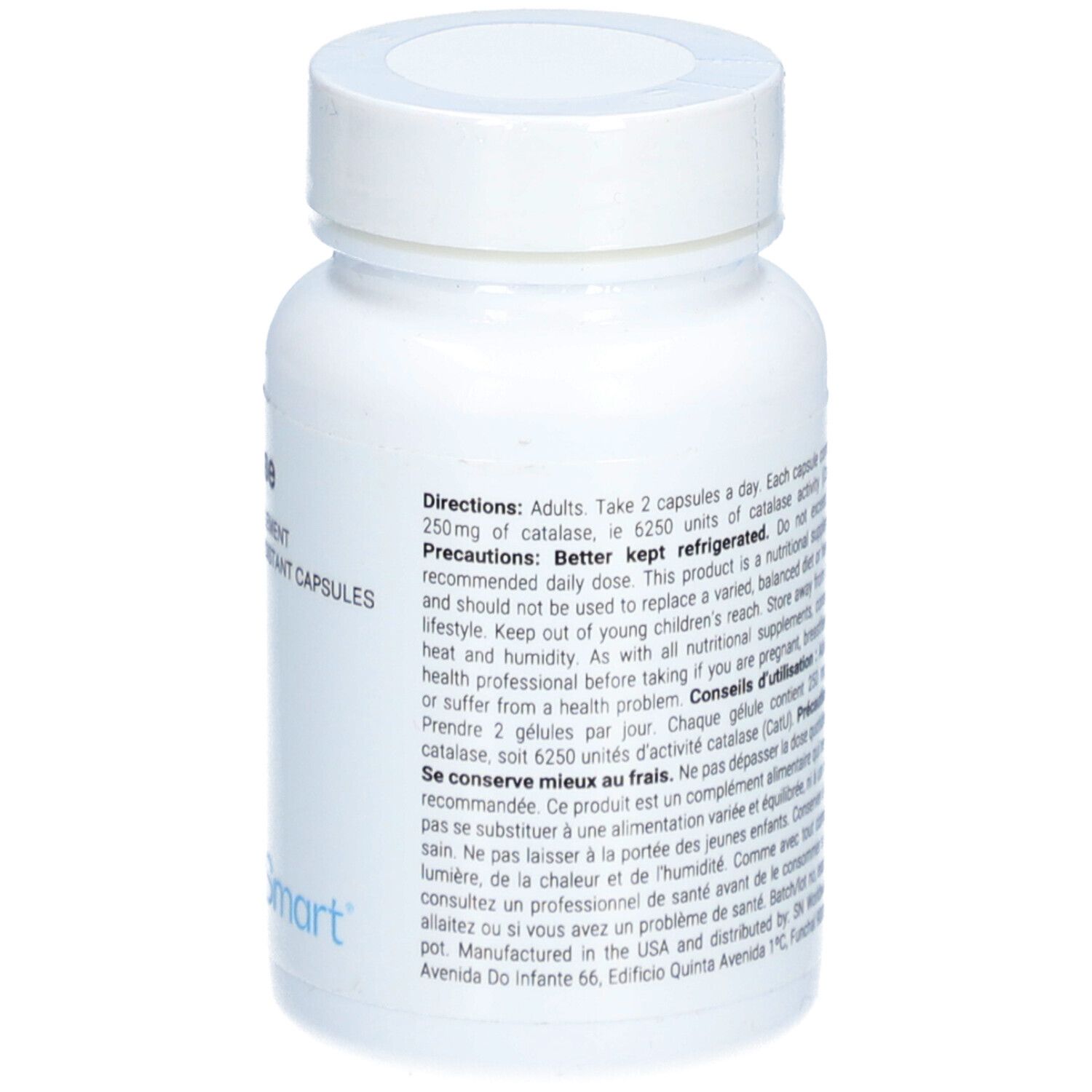Dos du flacon blanc de gélules de Catalase. Informations sur l'utilisation et le stockage.