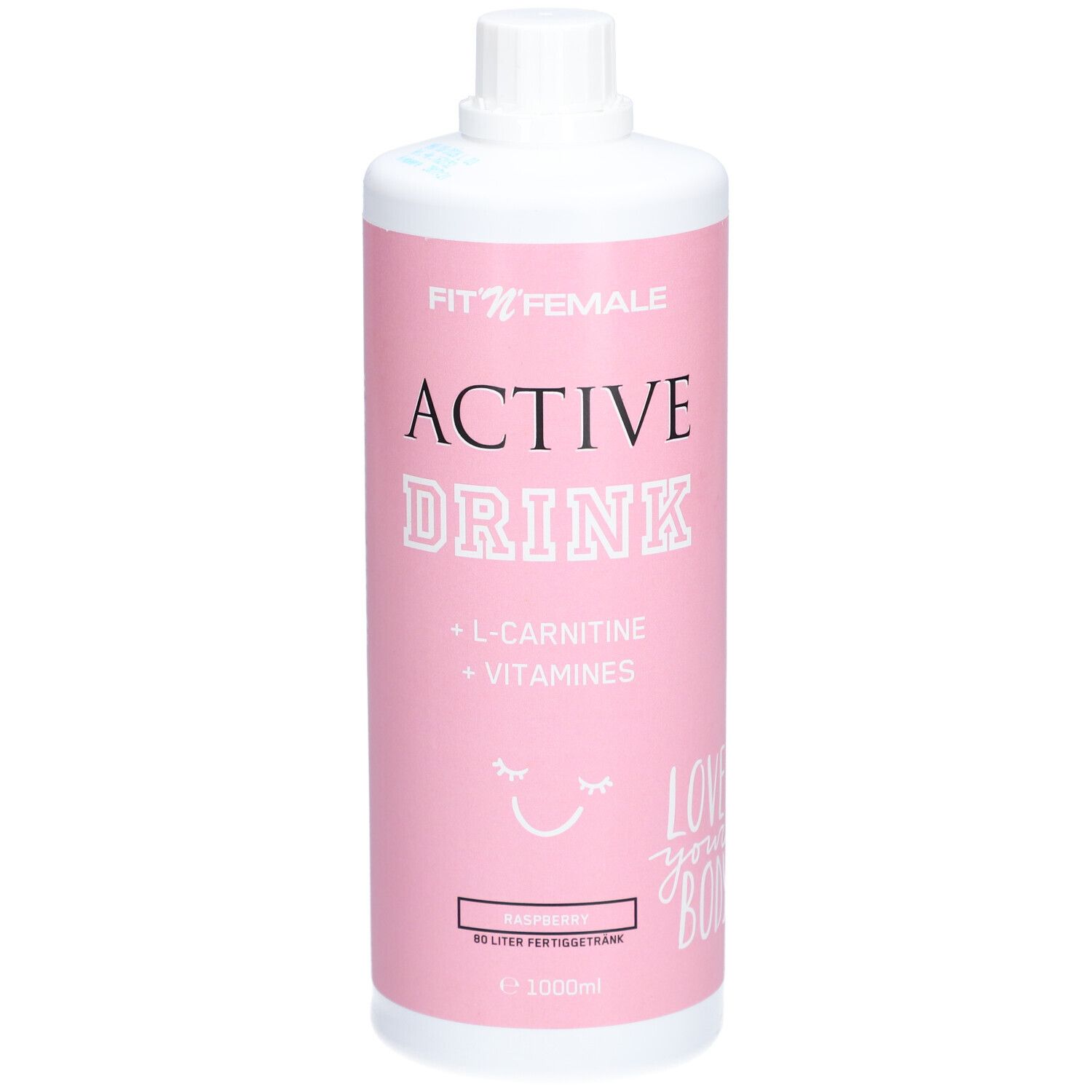Rosa Flasche mit weißem Deckel. Aufschrift: FIT'N'FEMALE ACTIVE DRINK, L-Carnitin, Vitamine. Himbeere. 1000ml.