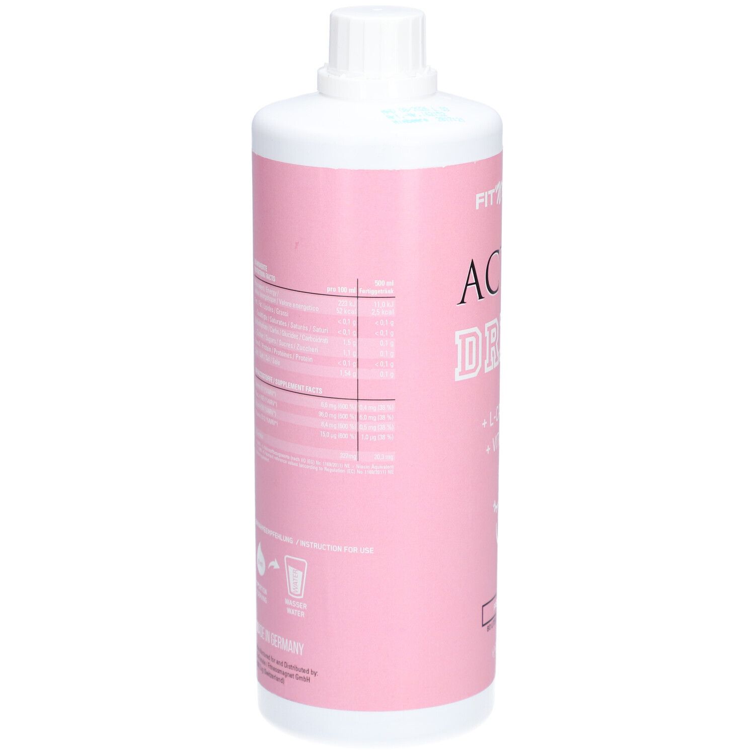 Rückseite der rosa Flasche mit weißen Informationen. Enthält Nährwertangaben, Zutaten und Gebrauchsanweisung.