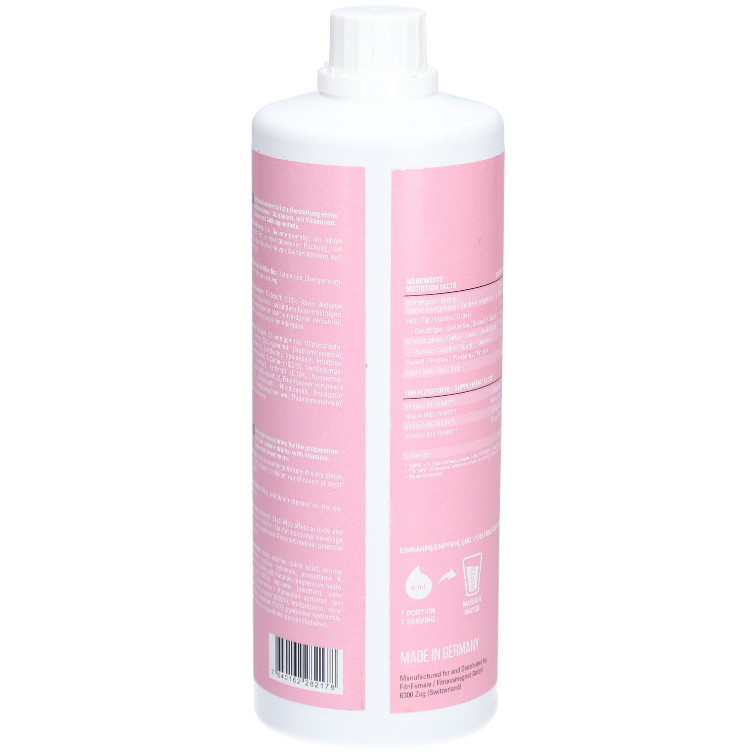 Rückseite der rosa Flasche mit weißen Informationen. Enthält Zutaten, Herstellerangaben und Barcode.
