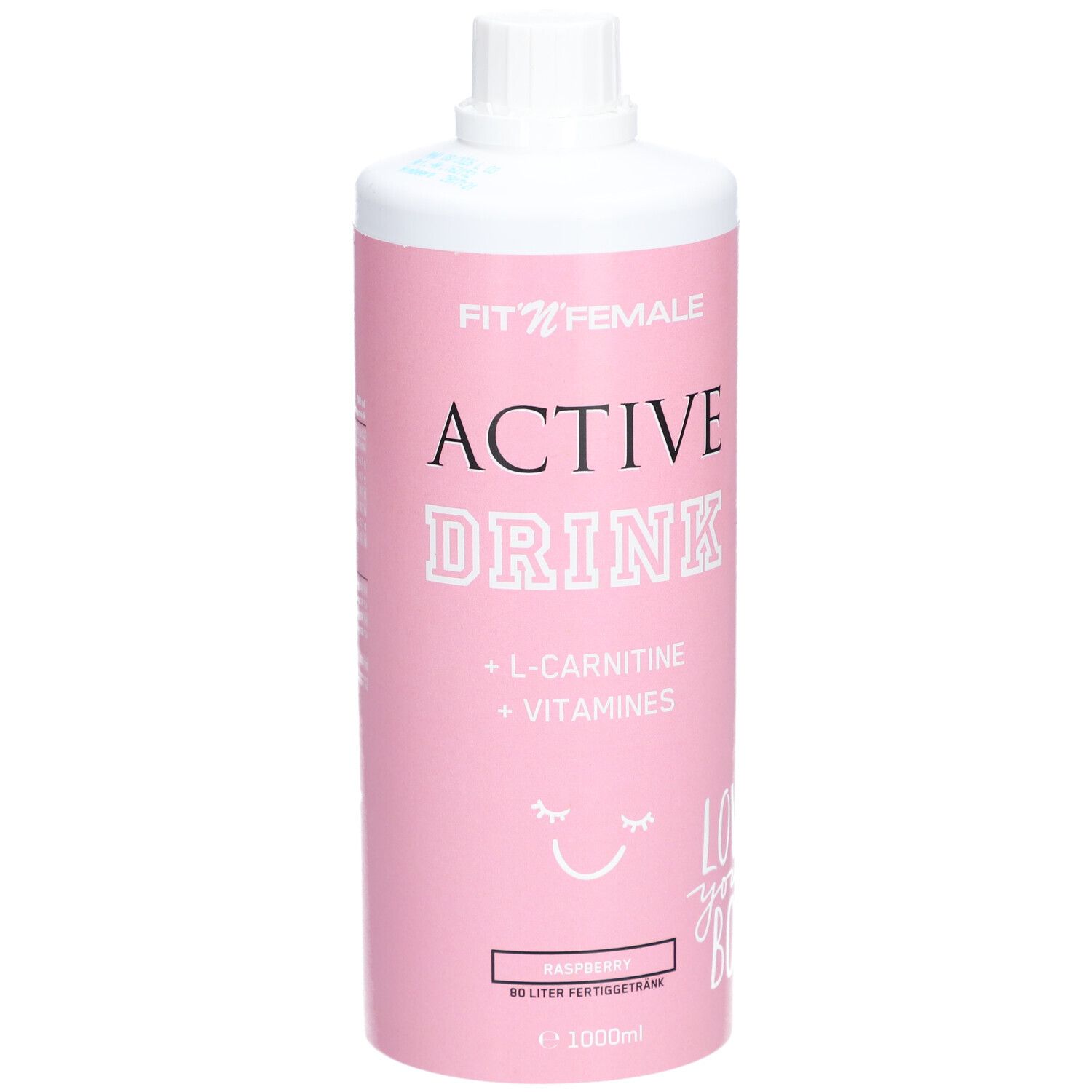 Rosa Flasche mit weißem Deckel. Aufschrift: FIT'N'FEMALE ACTIVE DRINK, L-Carnitin, Vitamine. Himbeere. 1000ml.