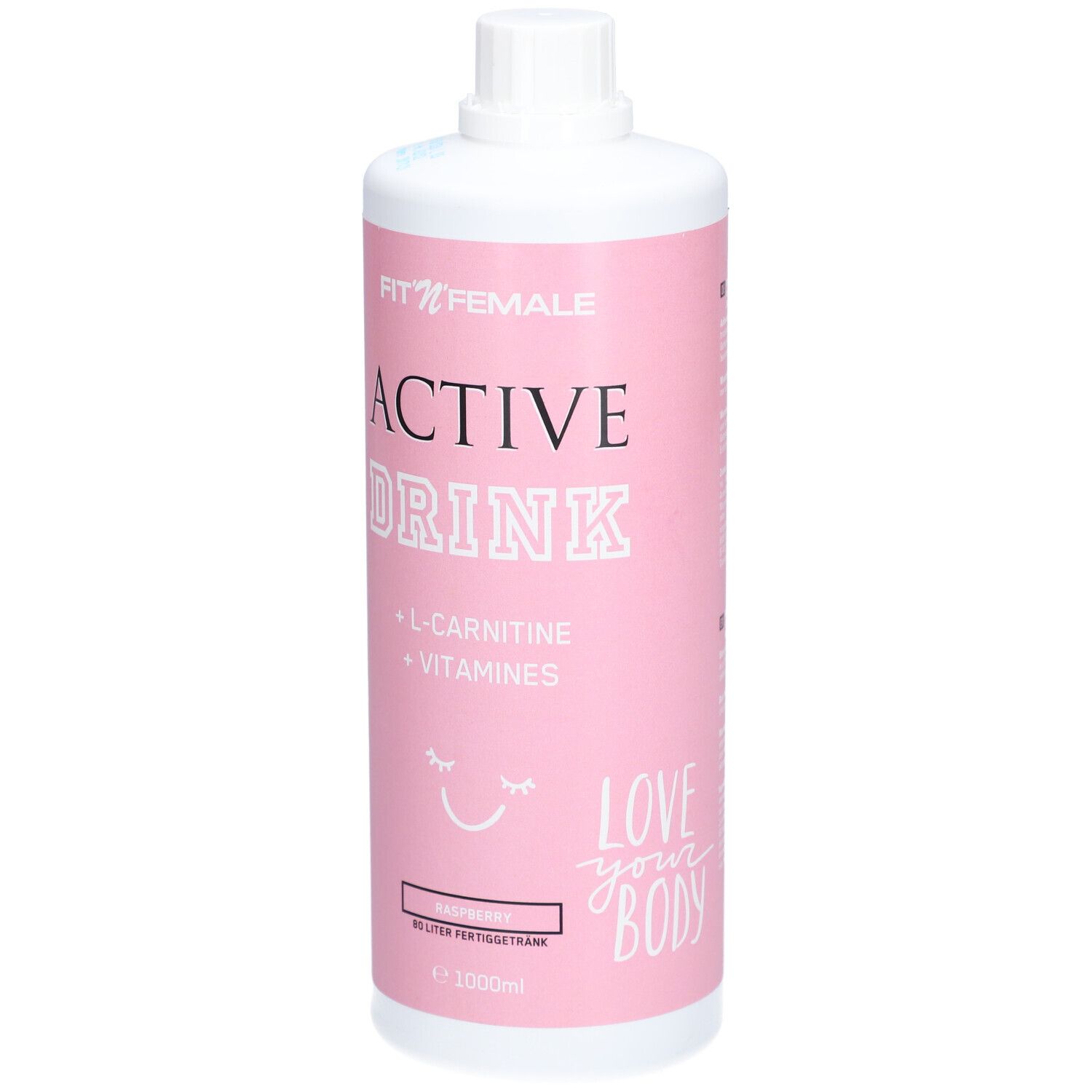 Rosa Flasche mit weißem Deckel. Aufschrift: FIT'N'FEMALE ACTIVE DRINK, L-Carnitin, Vitamine. Himbeere. 1000ml.