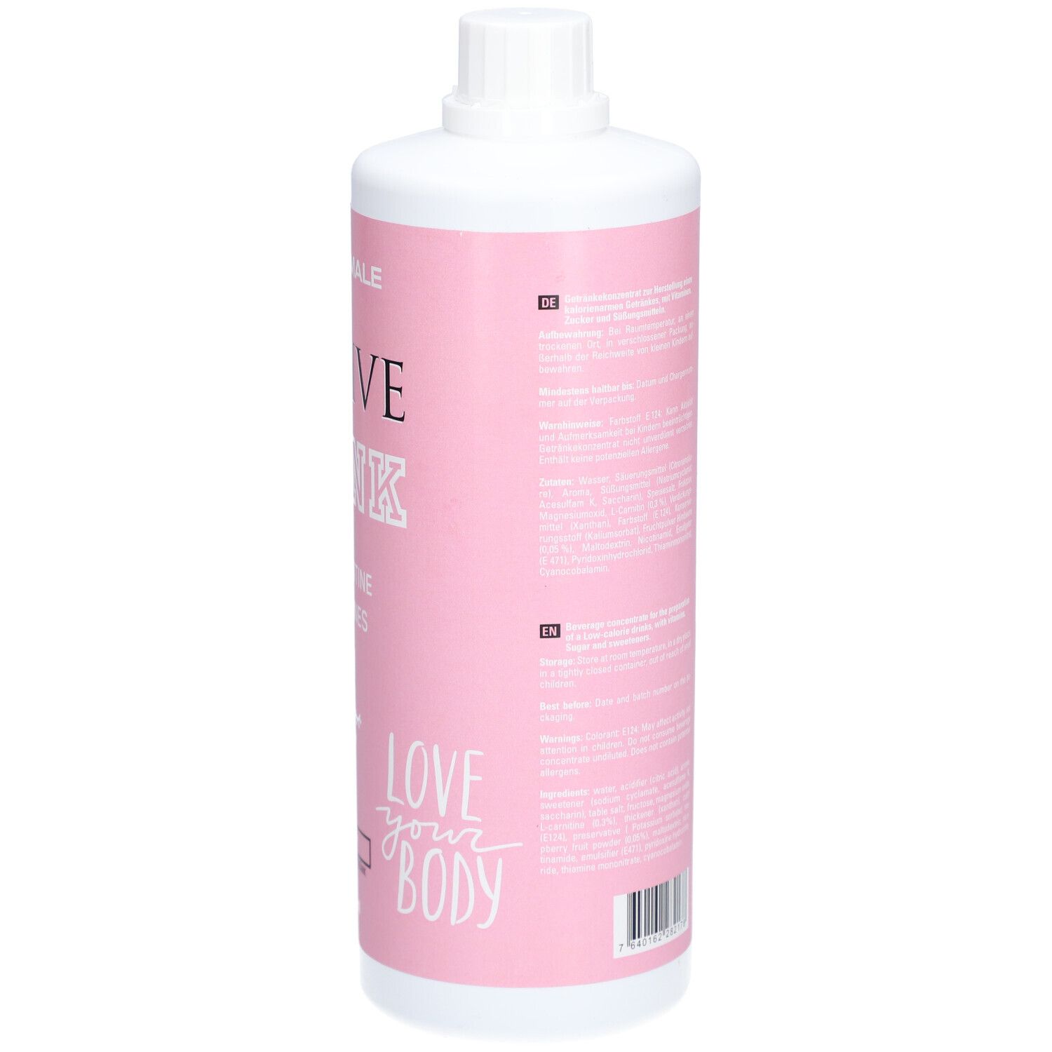 Rückseite der rosa Flasche mit weißen Informationen. Enthält Informationen, Barcode und Herstellerangaben.