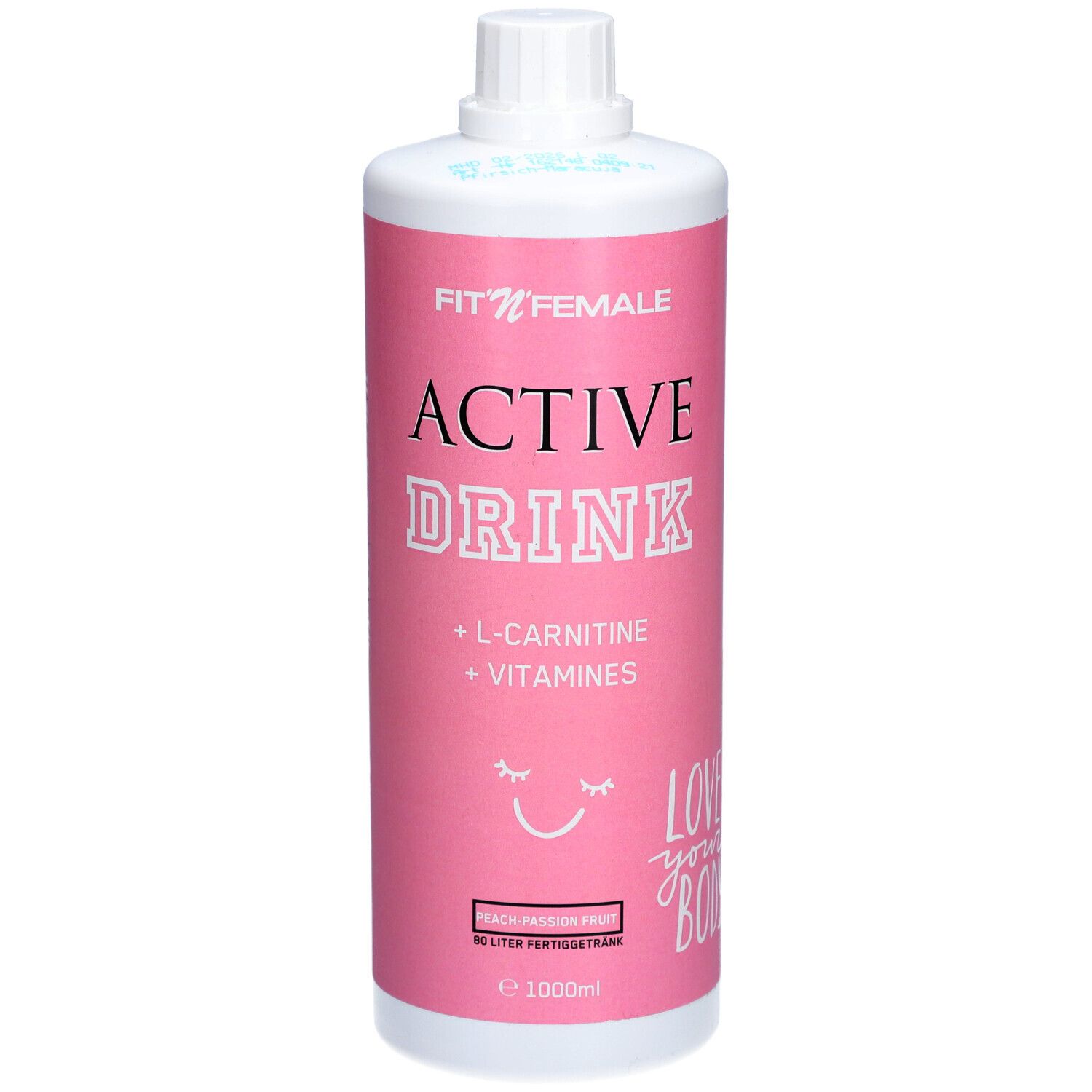 Rosa Flasche mit weißem Deckel. Aufschrift: Fit'nFemale, Active Drink, L-Carnitin + Vitamine. Geschmack: Pfirsich-Maracuja. 1000ml.