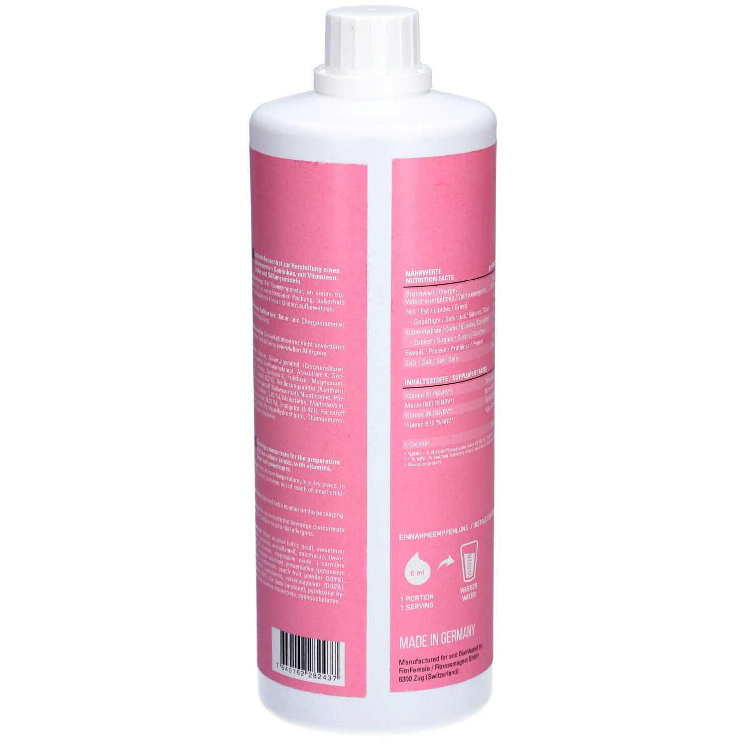 Rosa Flasche mit weißem Deckel. Rückseite mit Inhaltsstoffen, Herstellerinformationen und Barcode. Hergestellt in Deutschland.