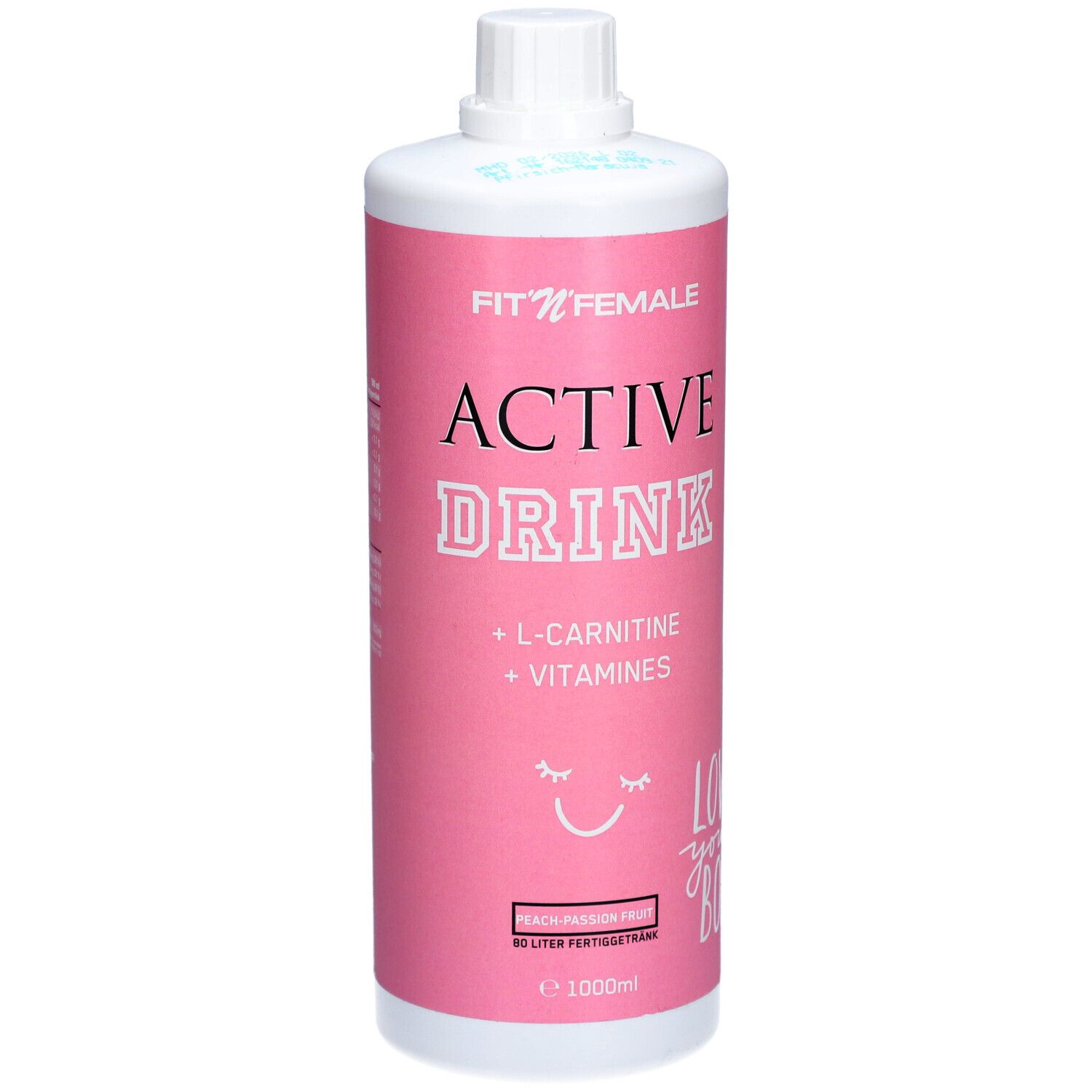 Rosa Flasche mit weißem Deckel. Aufschrift: Fit'nFemale, Active Drink, L-Carnitin + Vitamine. Geschmack: Pfirsich-Maracuja. 1000ml.
