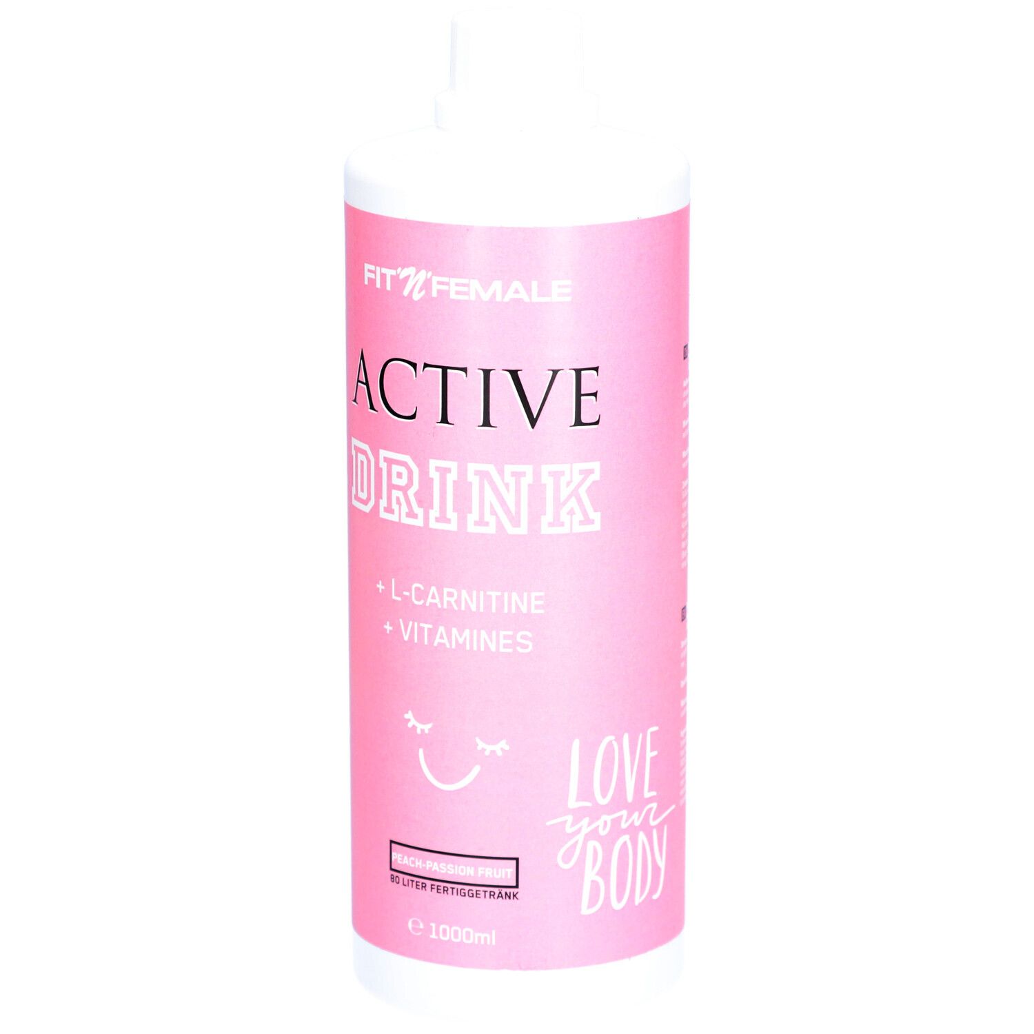Rosa Flasche mit weißem Deckel. Aufschrift: Fit'nFemale, Active Drink, L-Carnitin + Vitamine. Geschmack: Pfirsich-Maracuja. 1000ml.