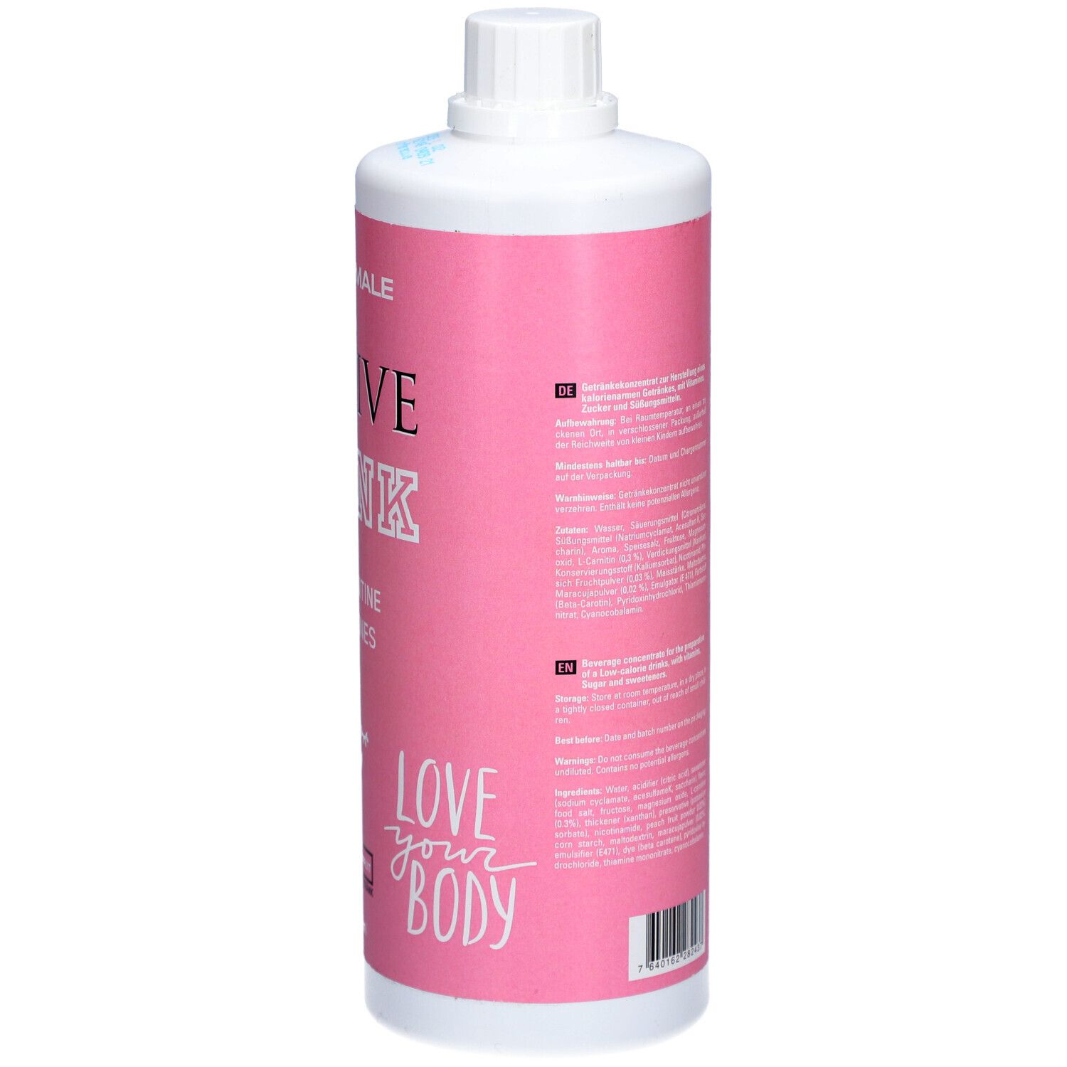 Rosa Flasche mit weißem Deckel. Aufschrift: Fit'nFemale, Active Drink, L-Carnitin + Vitamine. Geschmack: Pfirsich-Maracuja. 1000ml.