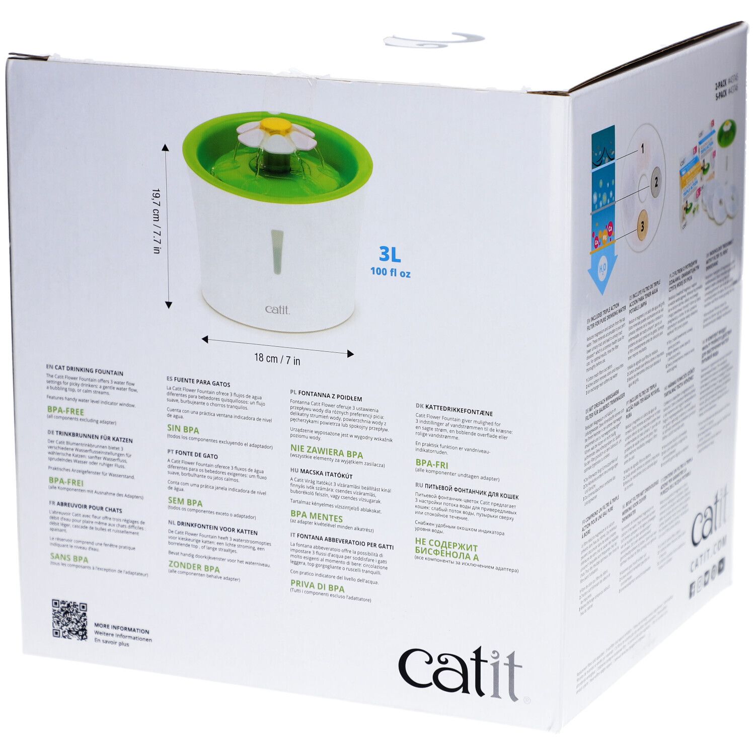 Verpackung der Catit Blumentrinkbrunnen. Abmessungen des Brunnens sind angegeben: 19,7 cm hoch und 18 cm breit. BPA-frei-Kennzeichnung.