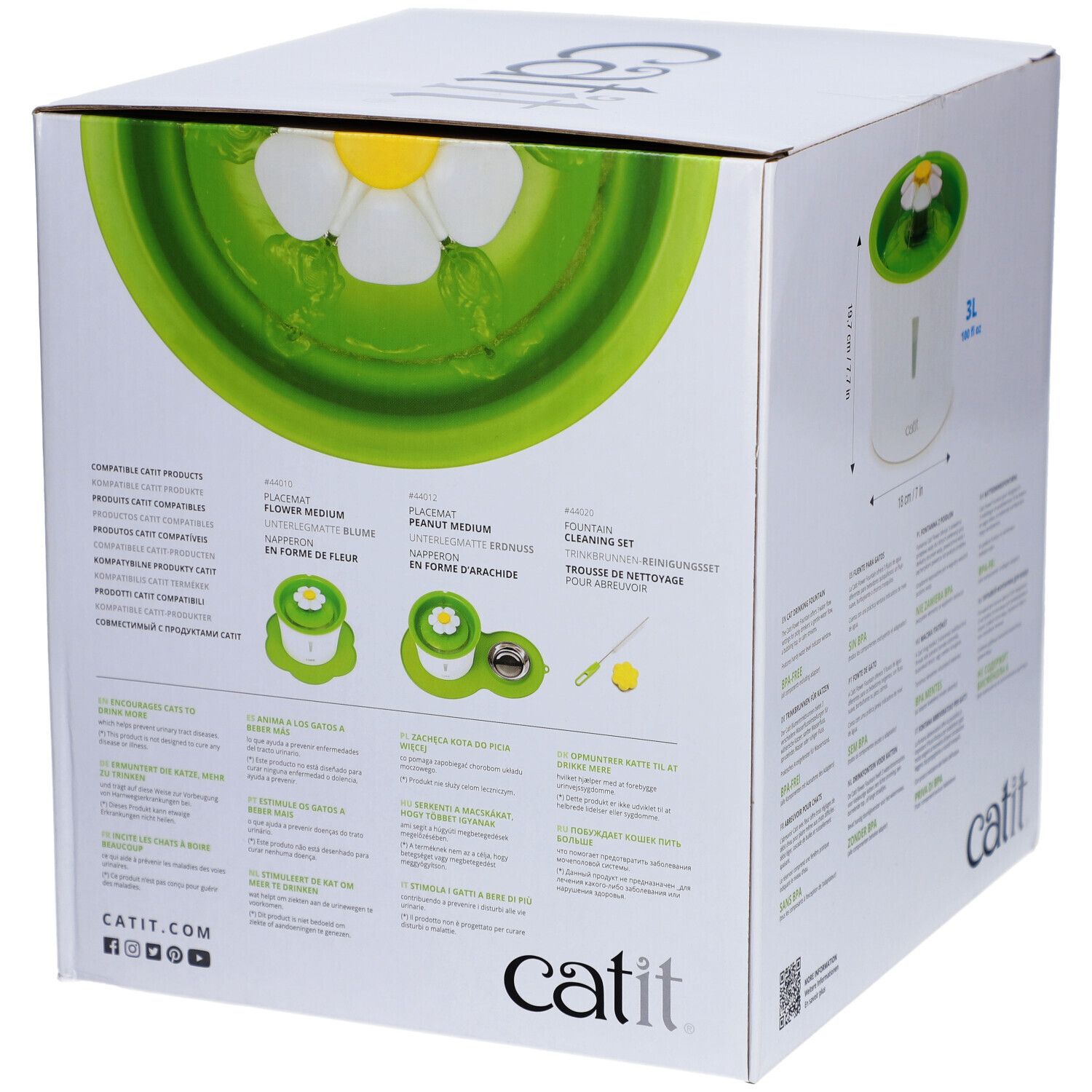 Rückseite der Catit Blumentrinkbrunnen-Verpackung. Zeigt Zubehör und Reinigungsset. Das Catit-Logo und die Website-Adresse sind sichtbar.