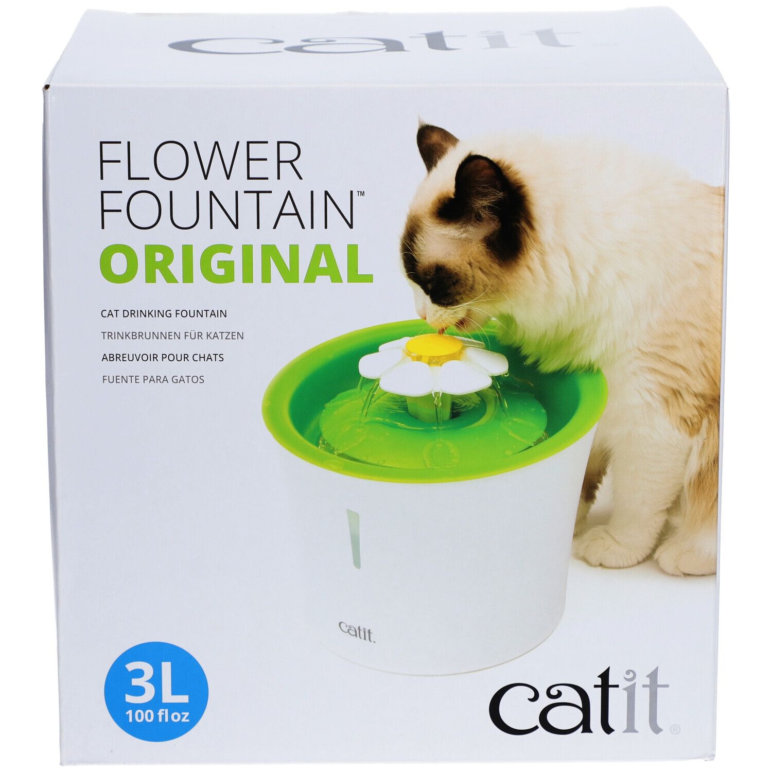 Verpackung der Catit Blumentrinkbrunnen. Ein Kätzchen trinkt aus dem Brunnen. Der Brunnen ist weiß und grün. Auf der Verpackung steht "Flower Fountain Original".