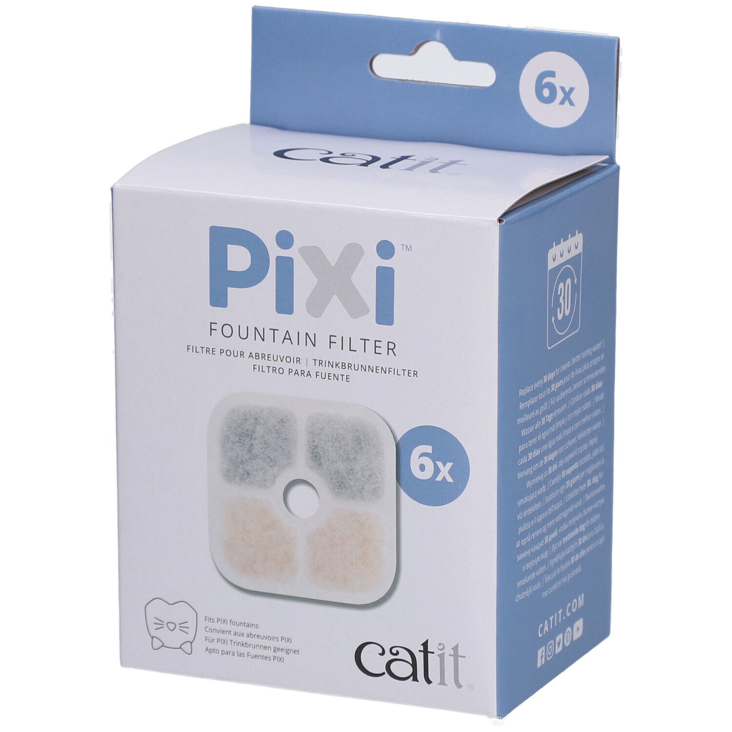 Verpackung mit 6 Filtern für den Catit PIXI Trinkbrunnen. Filter mit quadratischen Elementen. Marke Catit.