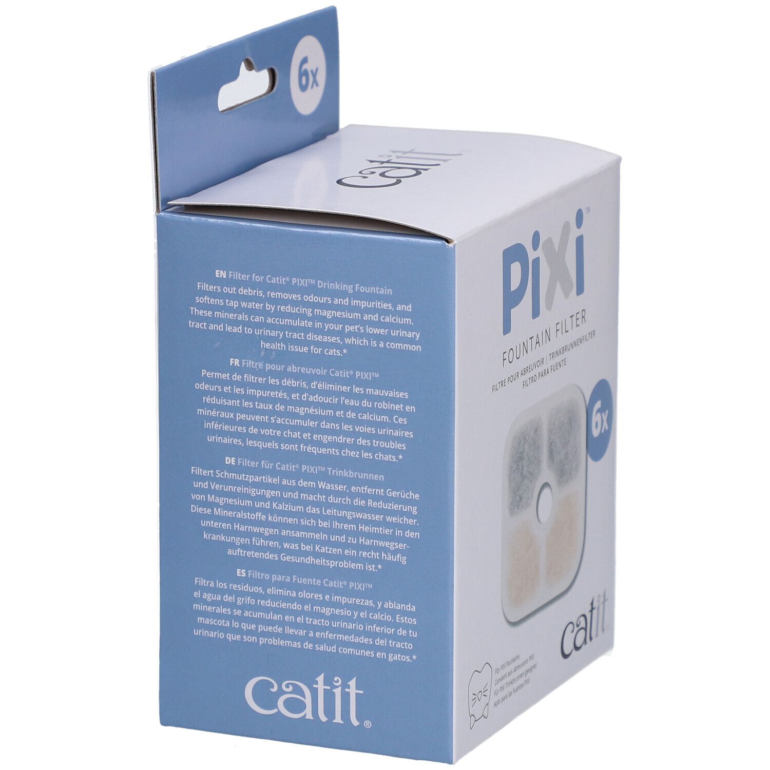 Verpackung mit 6 Filtern für den Catit PIXI Trinkbrunnen. Text in mehreren Sprachen. Marke Catit.