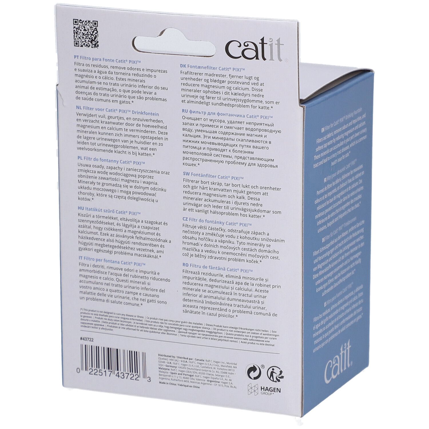 Rückseite der Verpackung mit Text in mehreren Sprachen. Marke Catit. Filter für den PIXI Trinkbrunnen.