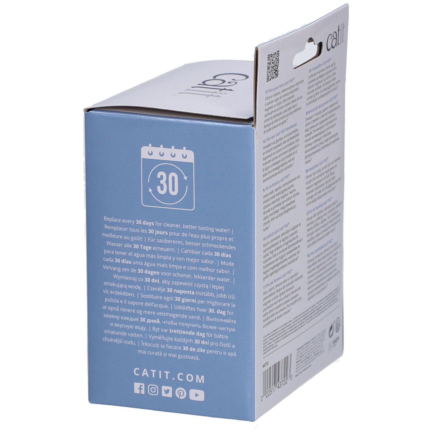 Verpackung mit Text über den Filterwechsel alle 30 Tage. Marke Catit. Website-Adresse.