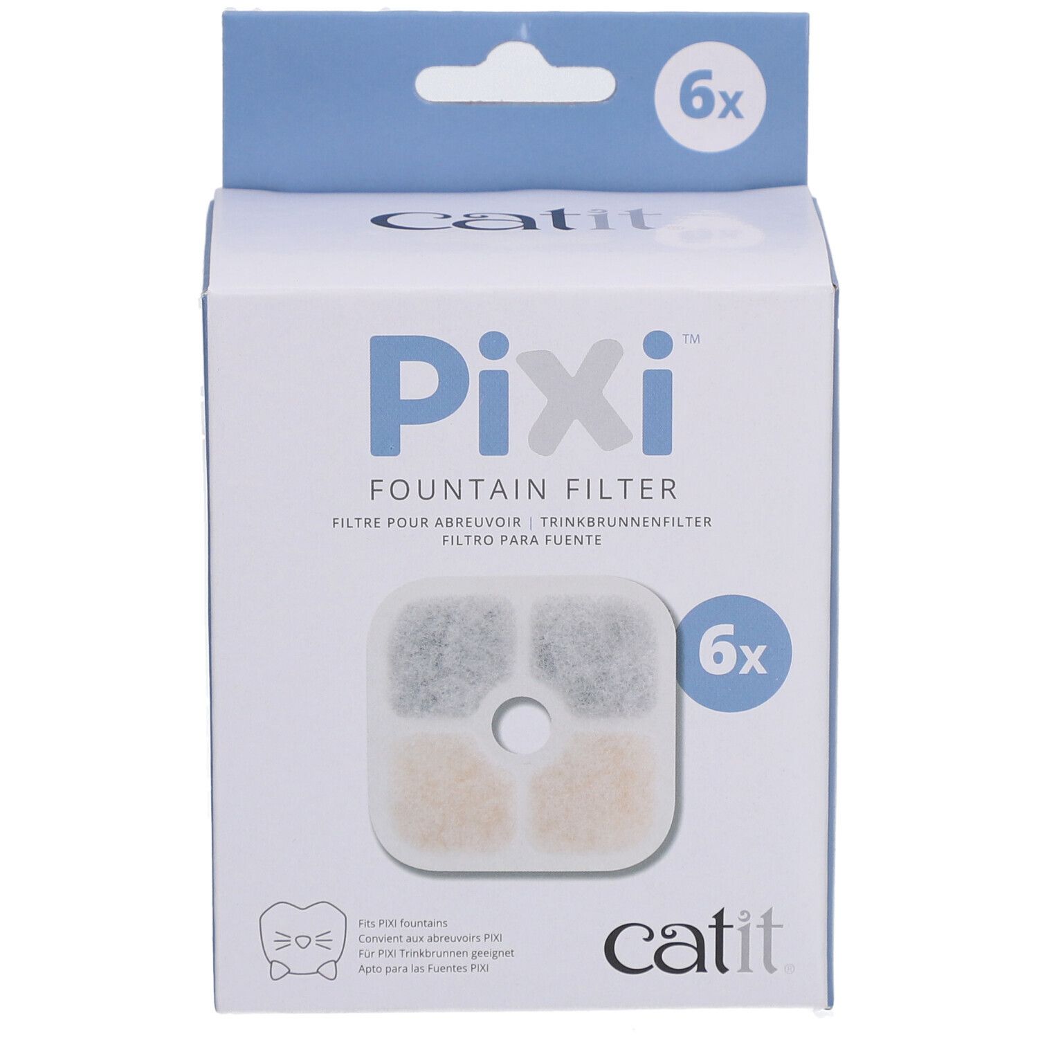 Verpackung mit 6 Filtern für den Catit PIXI Trinkbrunnen. Filter mit quadratischen Elementen. Marke Catit.