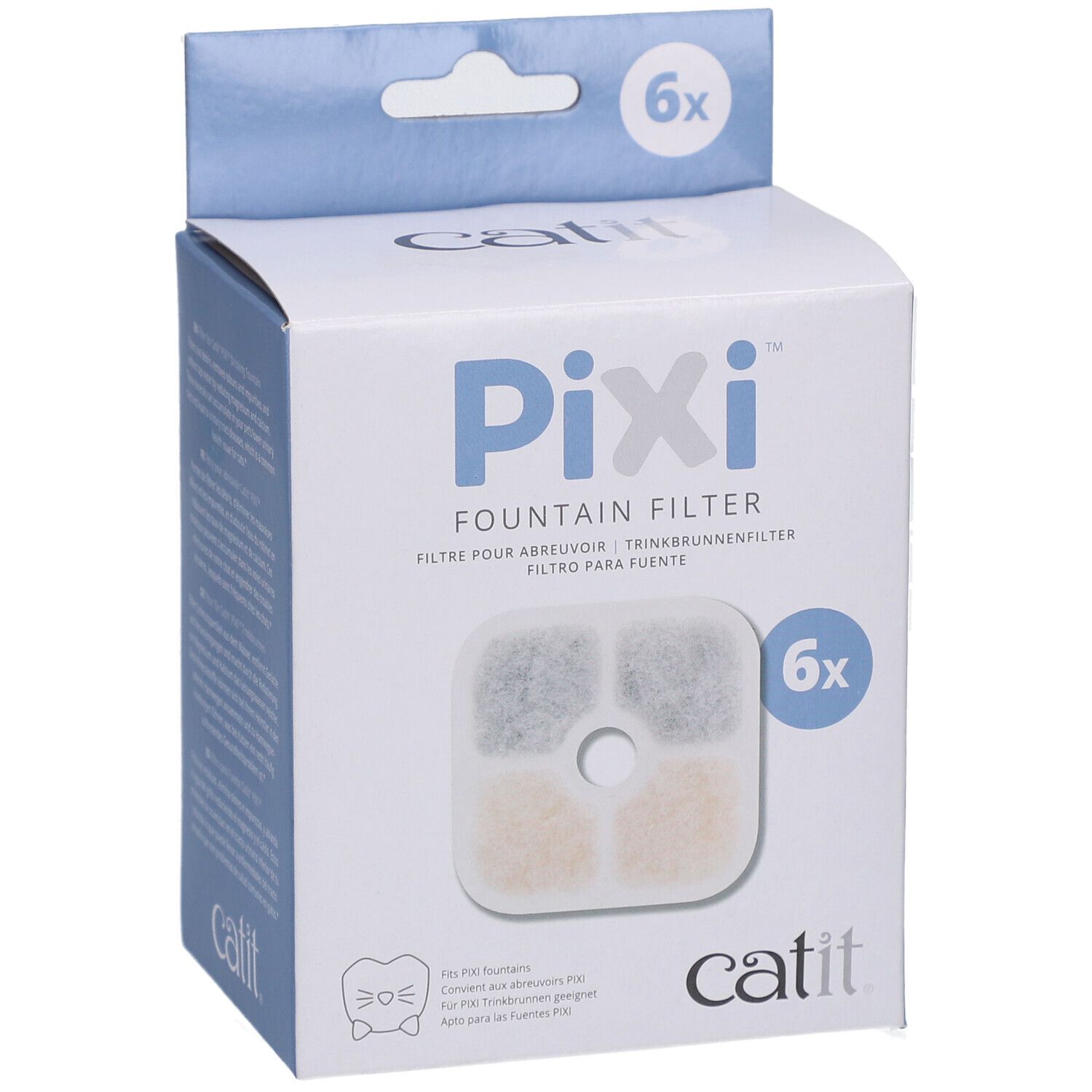 Verpackung mit 6 Filtern für den Catit PIXI Trinkbrunnen. Filter mit quadratischen Elementen. Marke Catit.